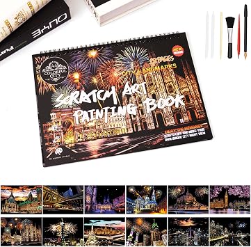 Scratch Paper Art Book Foil Art for Adults, 12 PCS, City Landmarks 2