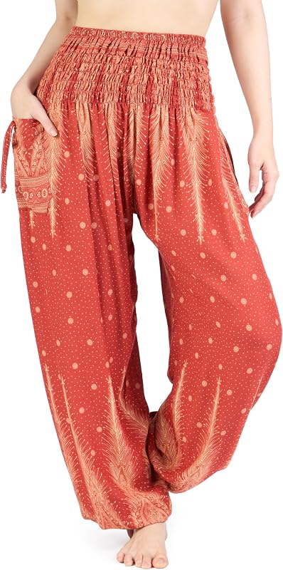 Lannaclothesdesign Boho Harem Pants Women | Smocked Elastic Waist and Ankles, Two Side Pockets, Breathable 100% Rayon, Flowy Fit, Yoga, Beach & Travel, Hippie Clothes