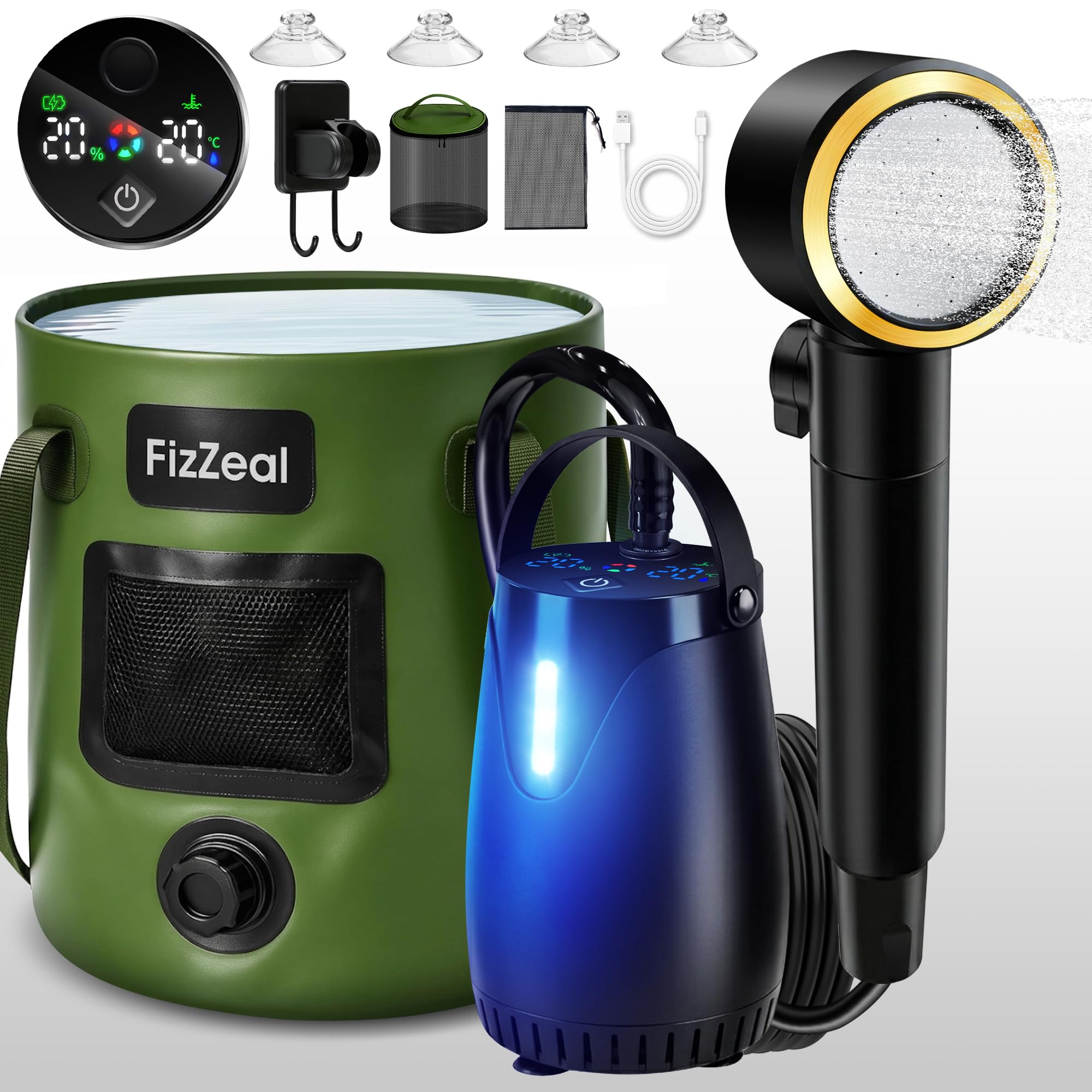 Doccia portatile per campeggio, 8000 mAh, ricaricabile, portatile, con secchio pieghevole da 6,6 galloni, 5 velocità e display a LED, kit di risciacquo, portatile, per campeggio, viaggi, escursionismo