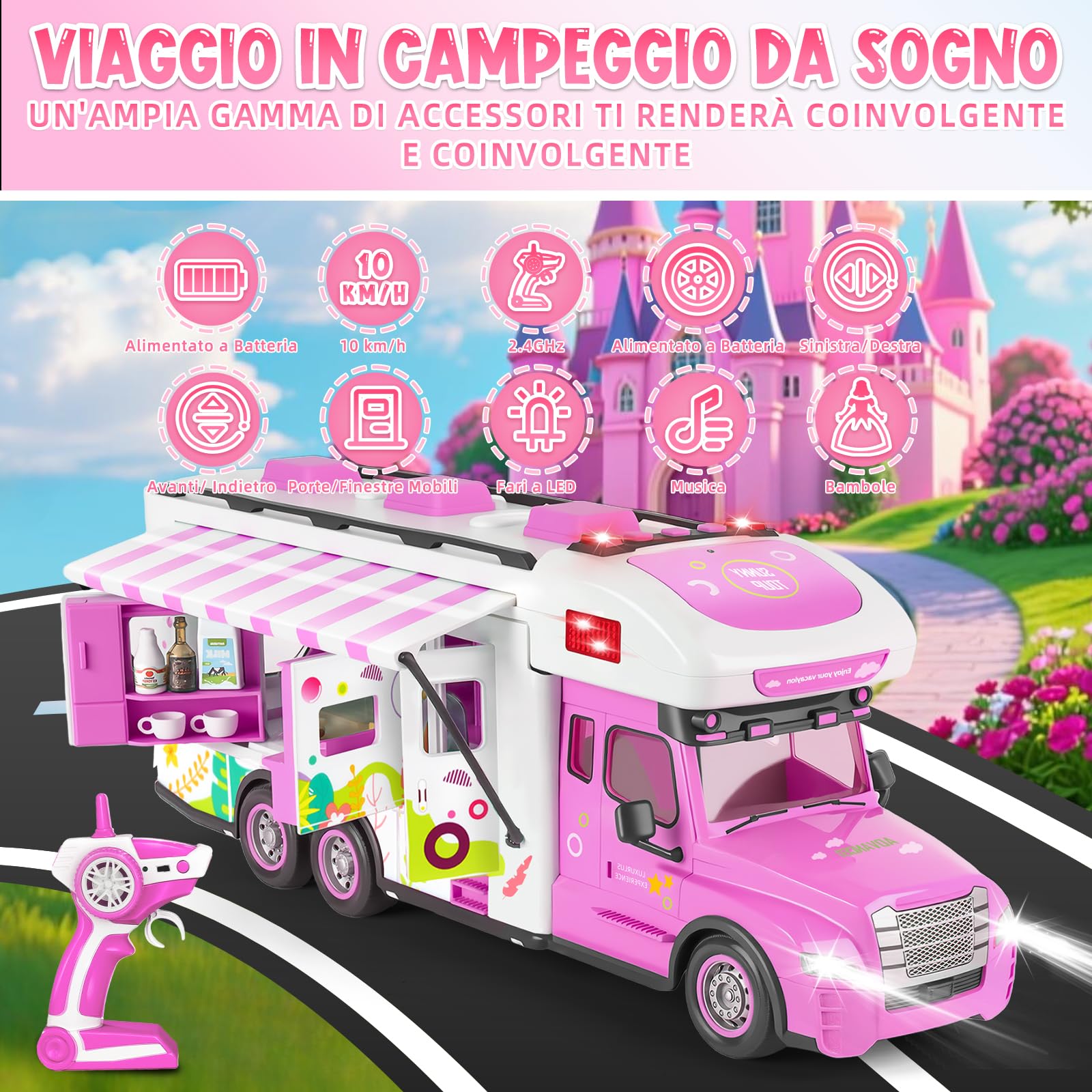 Charmofun Macchina Telecomandata Per Bambina, Auto Radiocomandata Rosa Con 2 Bambole, Telecomando, Luci E Suoni, Auto Telecomandato Ragazze 6 -12 Anni, Natale Compleanno Regalo (Rosa)