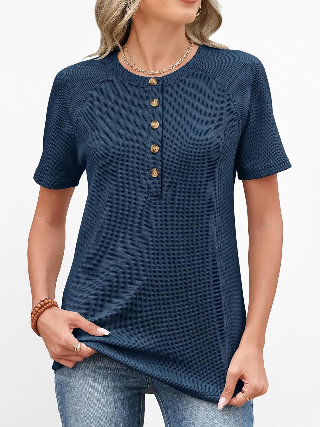 ANRABESS Women Waffle Knit Tops Short Sleeve Henley Shirts Dressy Casual Blouse 2026 Spring Fashion Outfits Trendy Clothes - Image 7