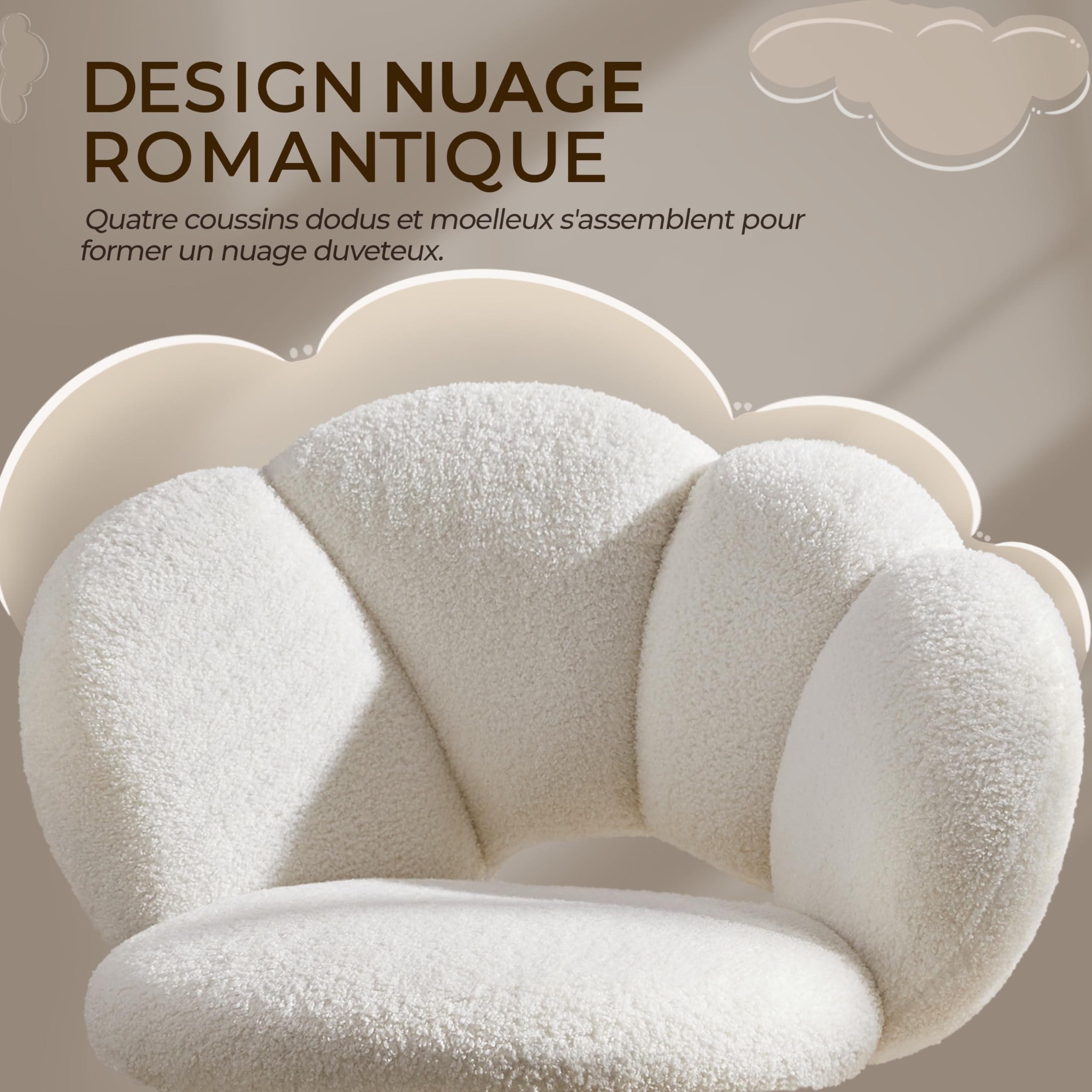 Yaheetech Chaise de Bureau Coiffeuse Pivotante avec Dossier Confort en Nuage Hauteur réglable Fauteuil Maquillage Respirant pour Bureau, Salon, Chambre Capacité 136 kg Blanc Bouclé