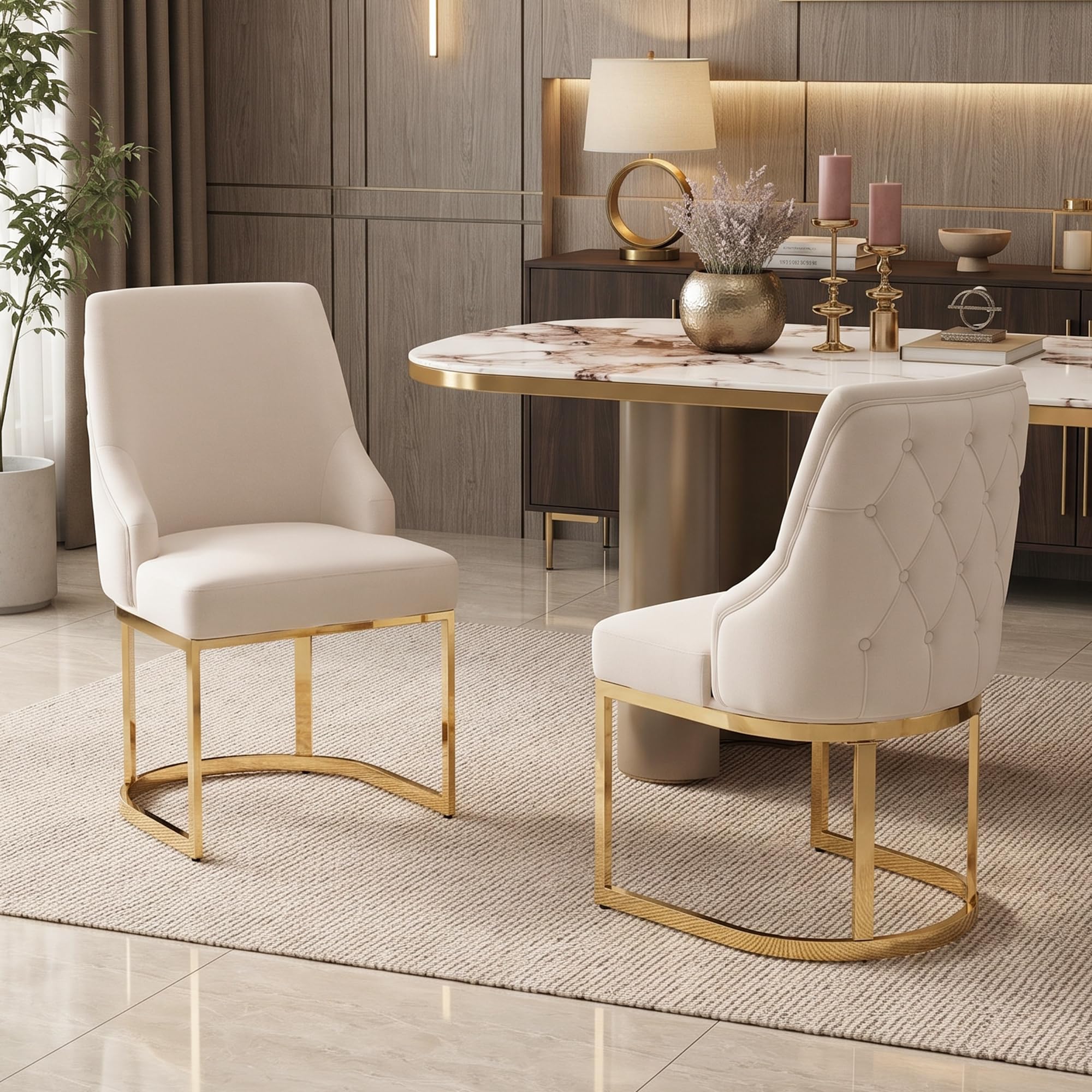 Generisch 2 sedie da pranzo in velluto beige con gambe in metallo dorato