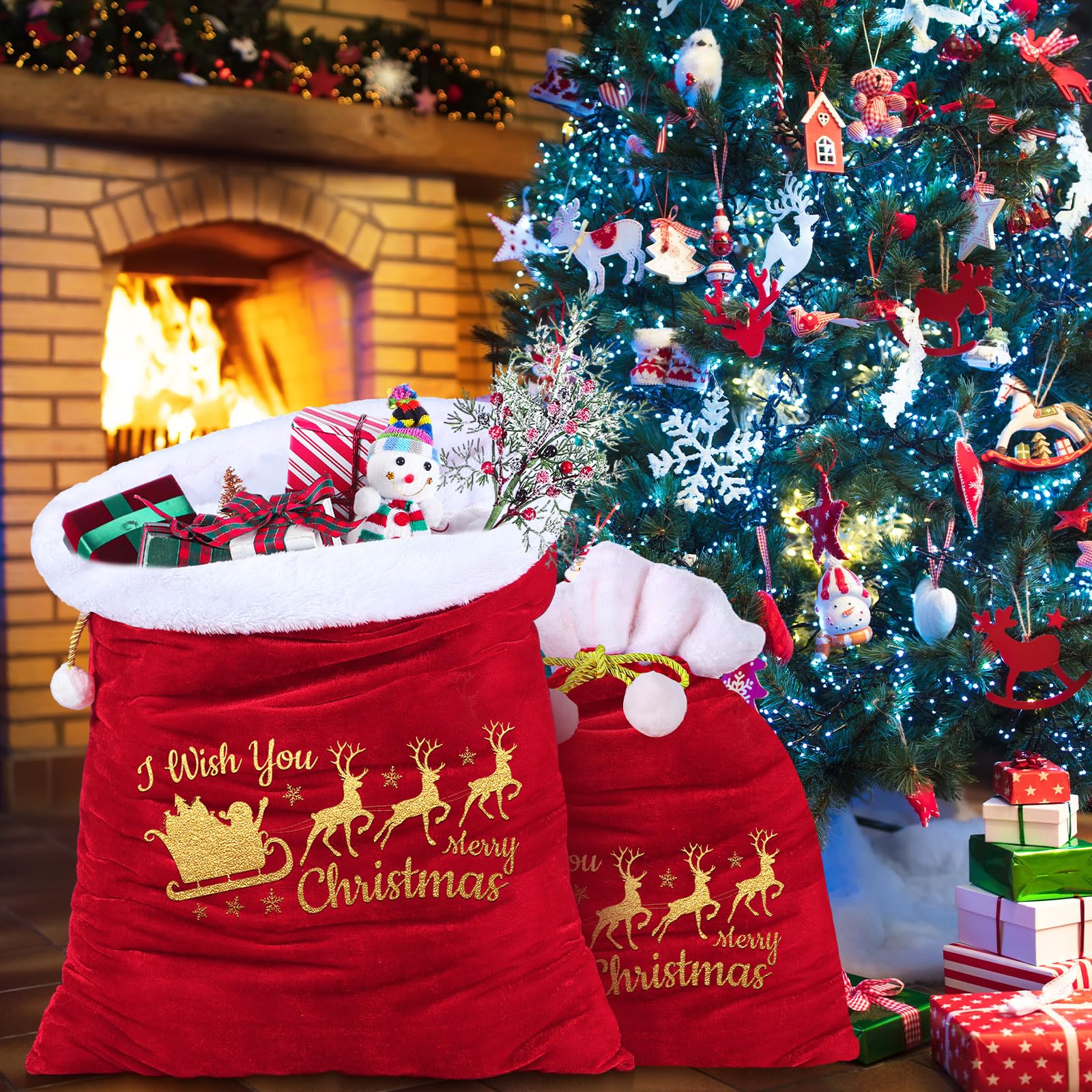 Wesnoy 2 bolsas de terciopelo de Papá Noel con cordón en 2 tamaños, bolsas de regalo de Papá Noel, bolsas grandes de Navidad, bolsas de regalo para decoración de fiestas de Navidad (rojo, dorado, 44 x