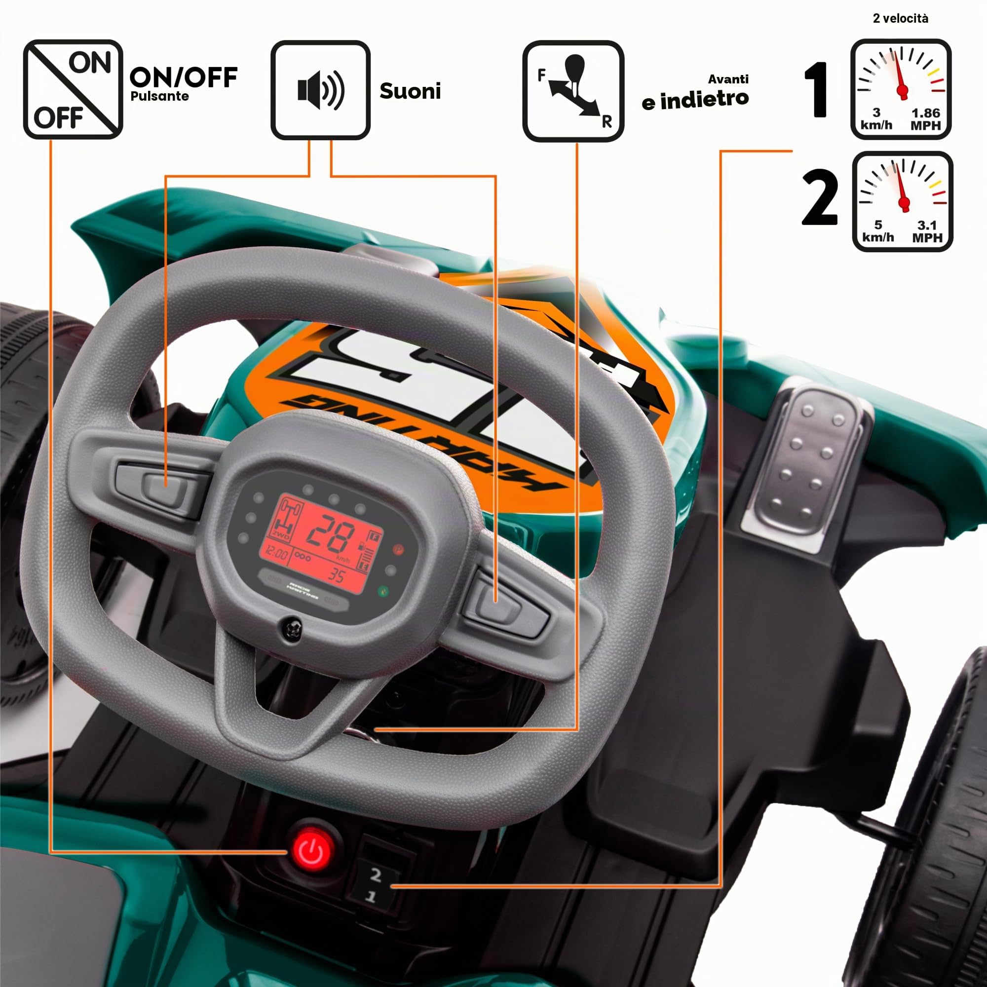 FEBER - GO Kart 12V, Kart per bambini Formula 1, Verde, Stile Sportivo, con 2 Marce e Velocità tra 3 e 5 km/h, per bambini/e da 3 a 5 Anni, Famosa (FEN15000)