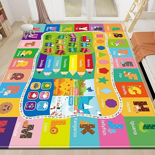AKASISRUG Alfombra de juego para niños, colección Playtime ABC, forma, temporada, mes, semana, aprendizaje educativo para sala de juegos de niños,