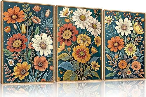 HOURIA Juego de arte de pared en lienzo con marco de flores retro bohemias, coloridas flores silvestres con hojas verdes, pintura de pared botánica