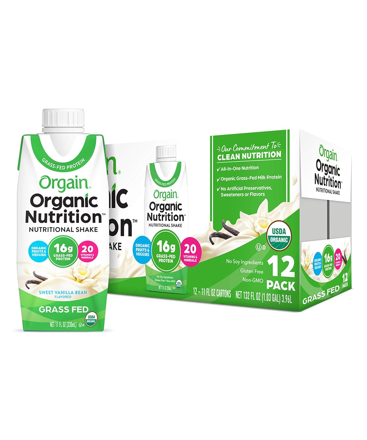 Orgain Organic Nutritional Shake, Vanilla Bean - Meal Replacement, 16g Protein, 20 Vitamins & Minerals, Gluten Free, Soy Free, Kosher, Non-GMO, 11 Ounce, 12 Count (Packaging May Vary) : Meal Replacement Drinks : Everything Else