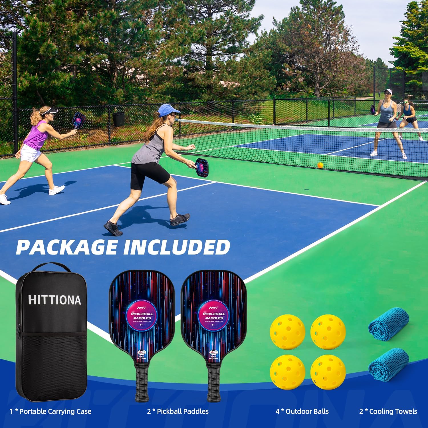 HITTIONA Pickleball Paddles - Fiberglass Pickleball Paddles Set of 2, USAPA Approved Pickle Ball Rackets 2 Pack with 4 Pickleball Balls, 1 Pickleball Net Bag, Paddles Ball Set for Beginners