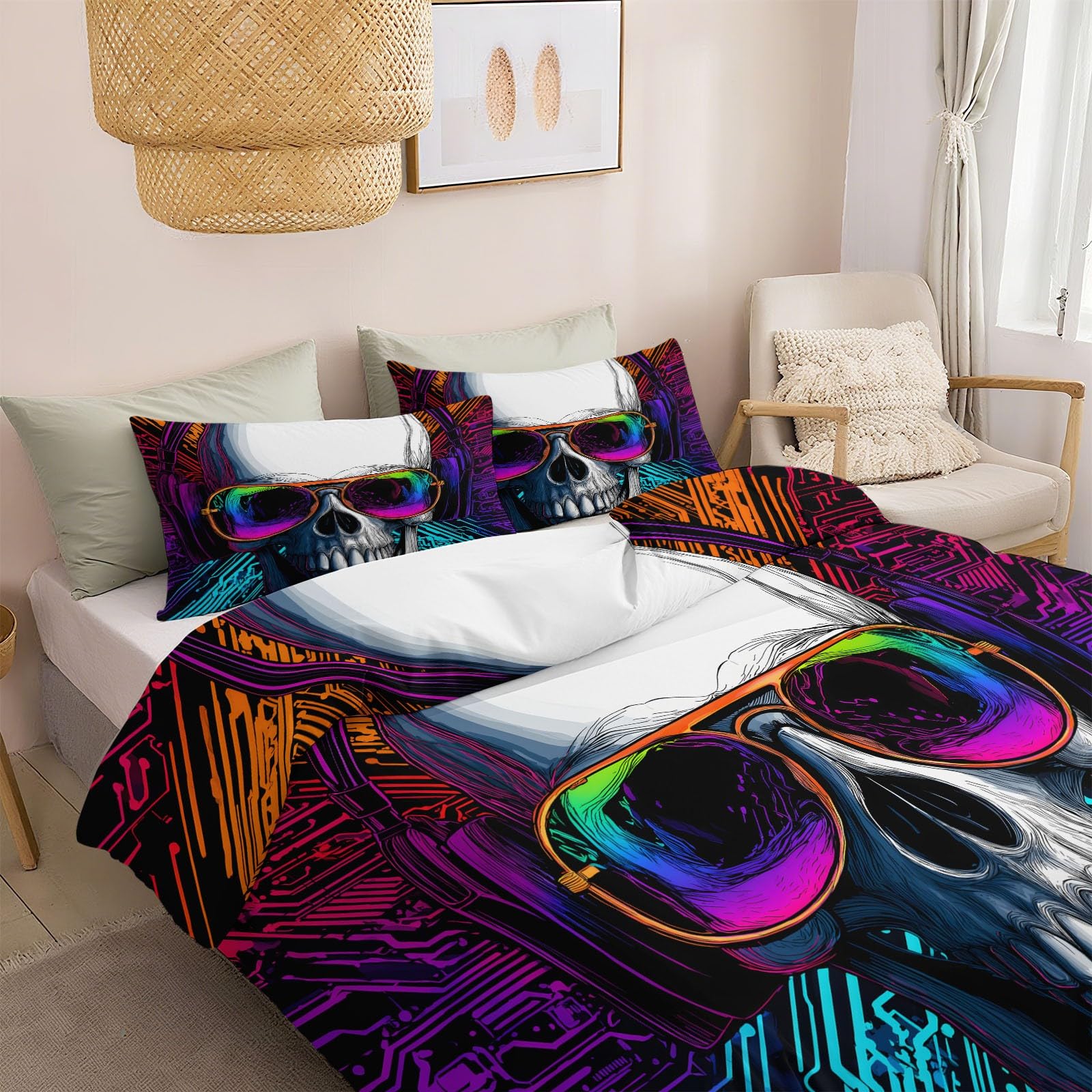 Generisch Pościel 220 x 240 cm, kolor 3-częściowy, dwustronny wzór, zestaw słuchawek, zestaw pościeli, hipoalergiczna poszewka na kołdrę z mikrofibry z zamkiem błyskawicznym i 2 poszewki na poduszkę