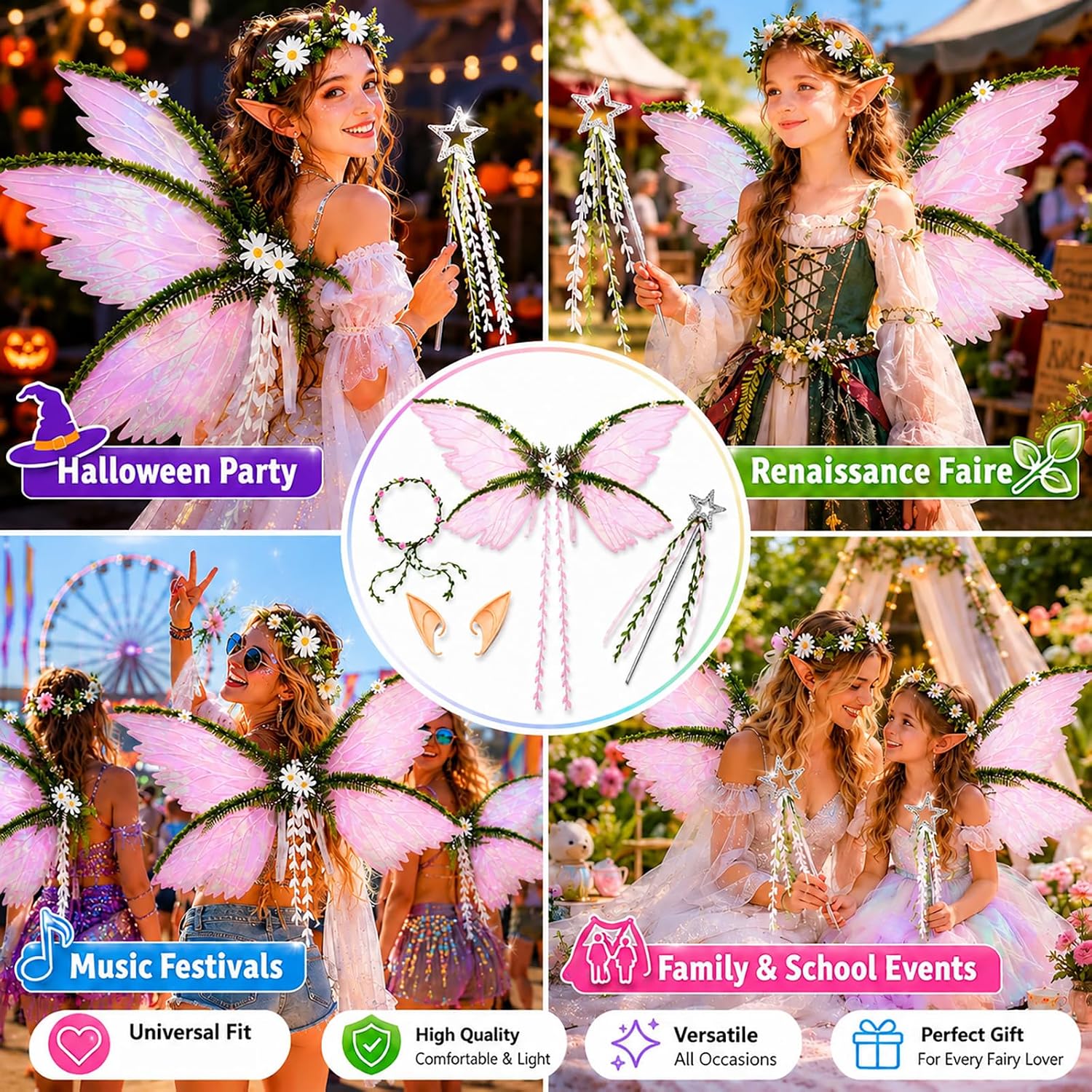4 PCS Fairy Wings with Elf Ears, Flower Crown & Wand