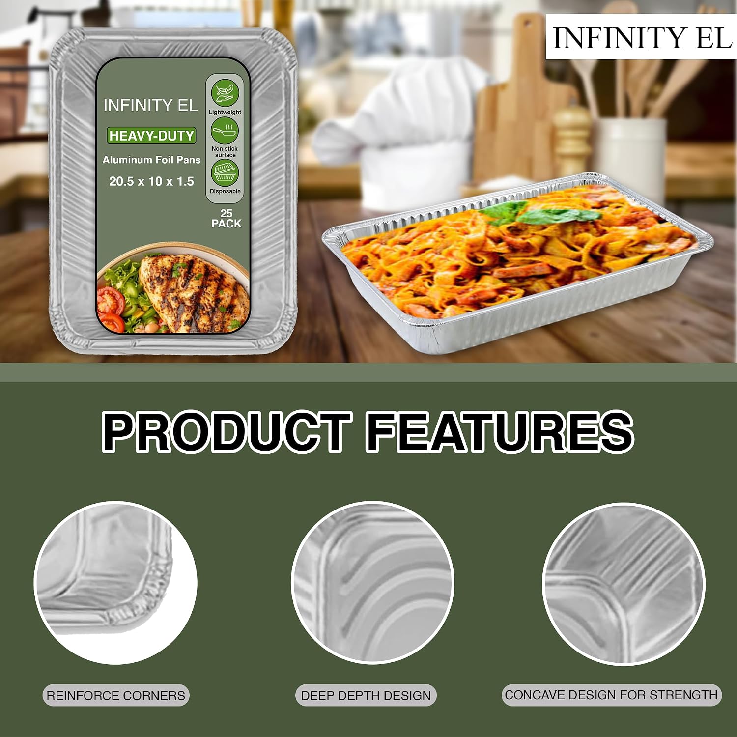 INFINITY EL 25 PACK HALF SHALLOW Disposable Aluminum Foil Pans 12.5" x 10" x 1.5" Deep Disposable Baking Pan | Heavy Duty Aluminum Pan for Roasting Turkey, Lasagna, Thanksgiving, Christmas & Parties