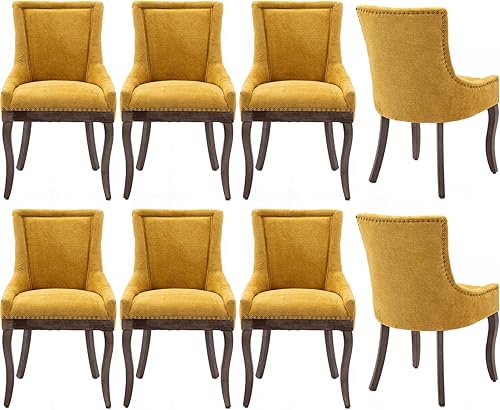 Miniatura 22 de Sillas de Comedor - Juego de 4 sillas de comedor modernas, tapizadas de tela con respaldo alto con ribete de cabeza de clavo y patas curvadas de 01