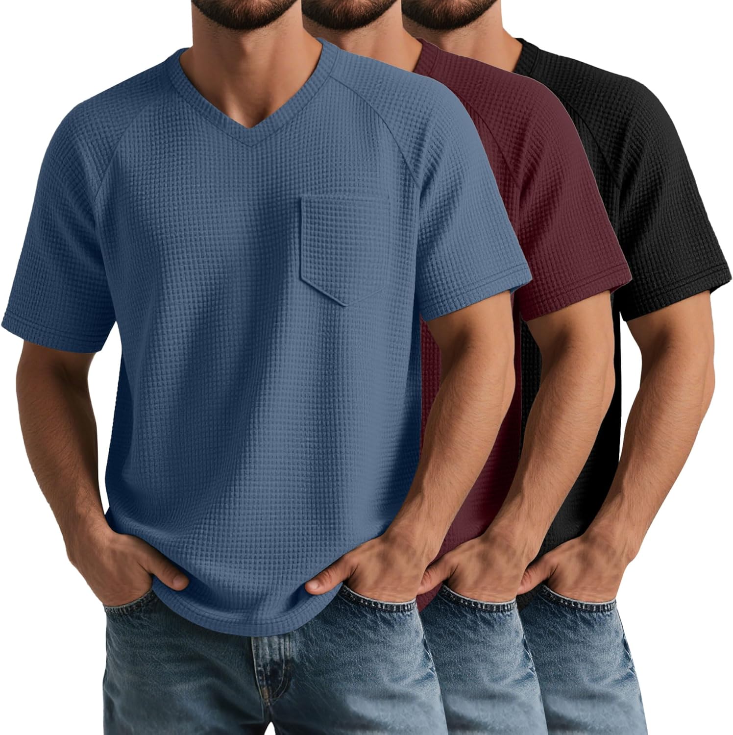 August Alley 3 Pack Men's T Shirts with Pockets Waffle Knit Casual Textured Short Sleeve Tees V Neck Basic Solid Tops
