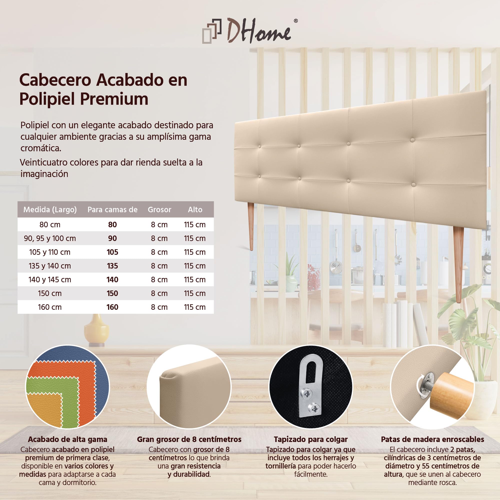 DHOME Tête de lit capitonnée jusqu'au sol en tissu Aqualine et similicuir 160 x 115 cm (pour lit de 150/160 cm) avec pieds Similicuir beige