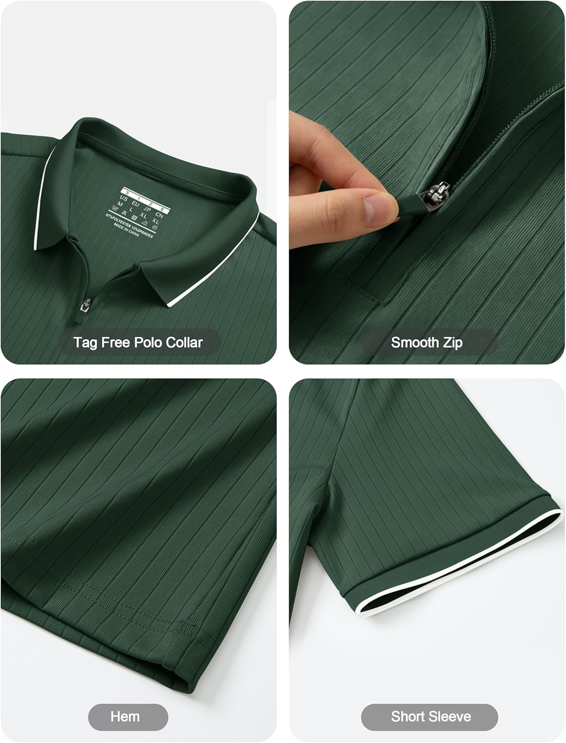 Cotrasen Mens Zipper Polo Shirts Short Sleeve Dual Tipped Collar Golf Shirts Fashion Textured Slim Fit T-Shirts - Image 5