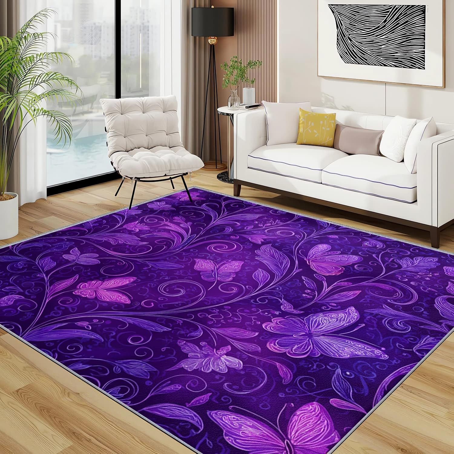 Dywan o dużych powierzchniach do sypialni, 120 x 180 cm, fioletowy, z niskim runem, do salonu, antypoślizgowy, można prać w pralce, fioletowy, wzór motyla, do kuchni, jadalni, korytarza, dekoracji