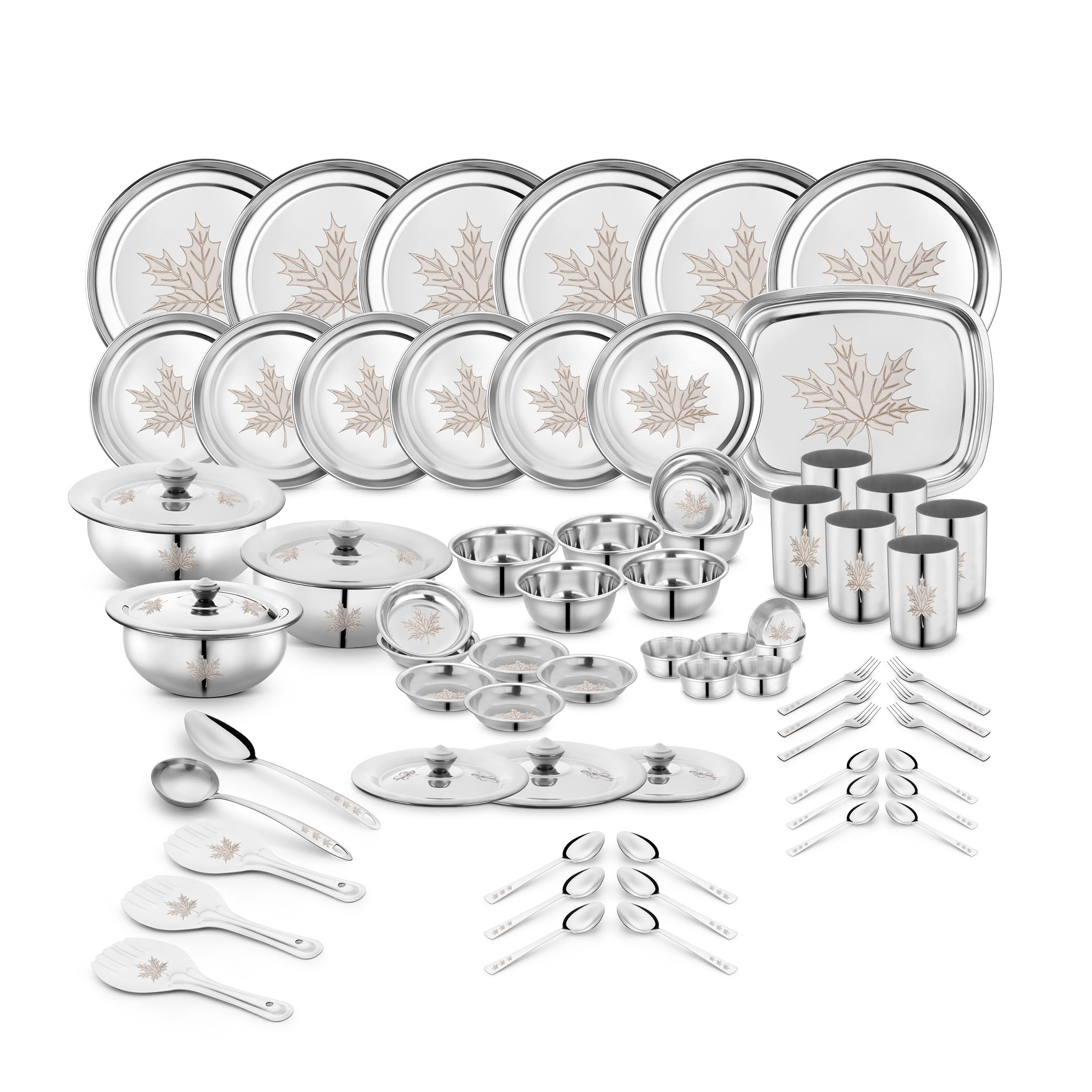 Classic EssentialsStainless Steel Dinner Set | Heavy Gauge Stainless Steel Dinner Set | Kitchen Set for Home | Maple Lazer Design Dinner Set | Shagun Set | Bartan Set, Set of 68