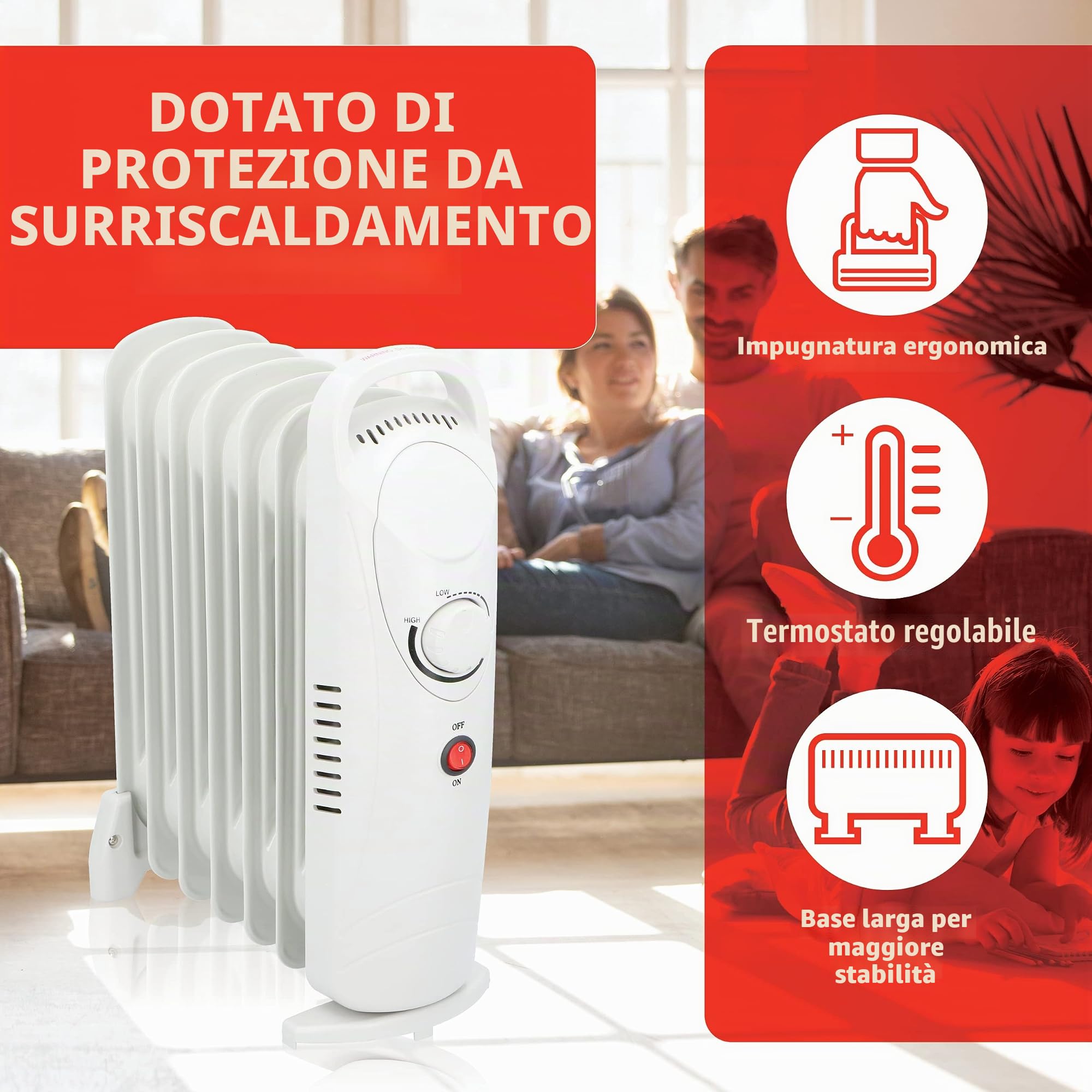 alpina Radiatore a olio 850 W, 7 elementi, termostato meccanico, riscaldamento elettrico a risparmio energetico, regolatore di potenza a basso consumo energetico, compatto e portatile, bianco, normale