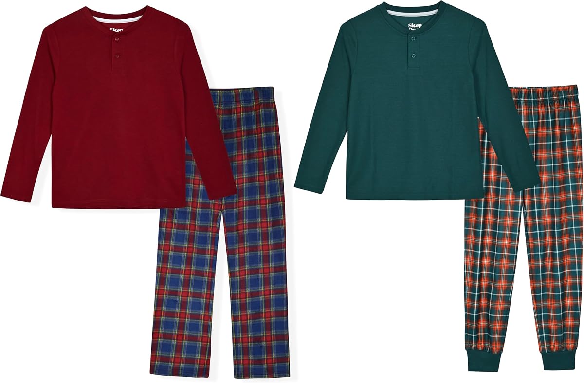 Sleep On It 4 Piece Boys Pajama Sets - Cozy Waffle Knit and Henley Tops with Matching Plaid Sleep Pants