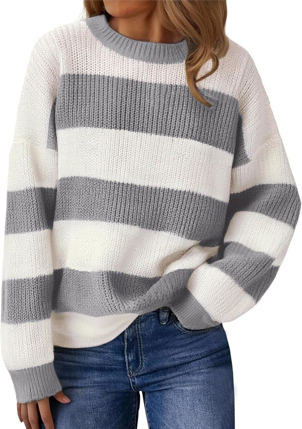 SunnyMelody Womens Cute Color Block Striped Sweater Fall 2025 Pullover Knit Tops - Ribbed Crew Neck, Lightweight, Loose Fit