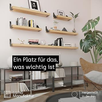 LAMO Manufaktur Wooden Shelf with Black V-shaped Brackets Wall Shelf 50 cm Wide for Bathroom Hallway Kitchen Industrial Style Colour: Rustic Edge: Natural Solid Wood