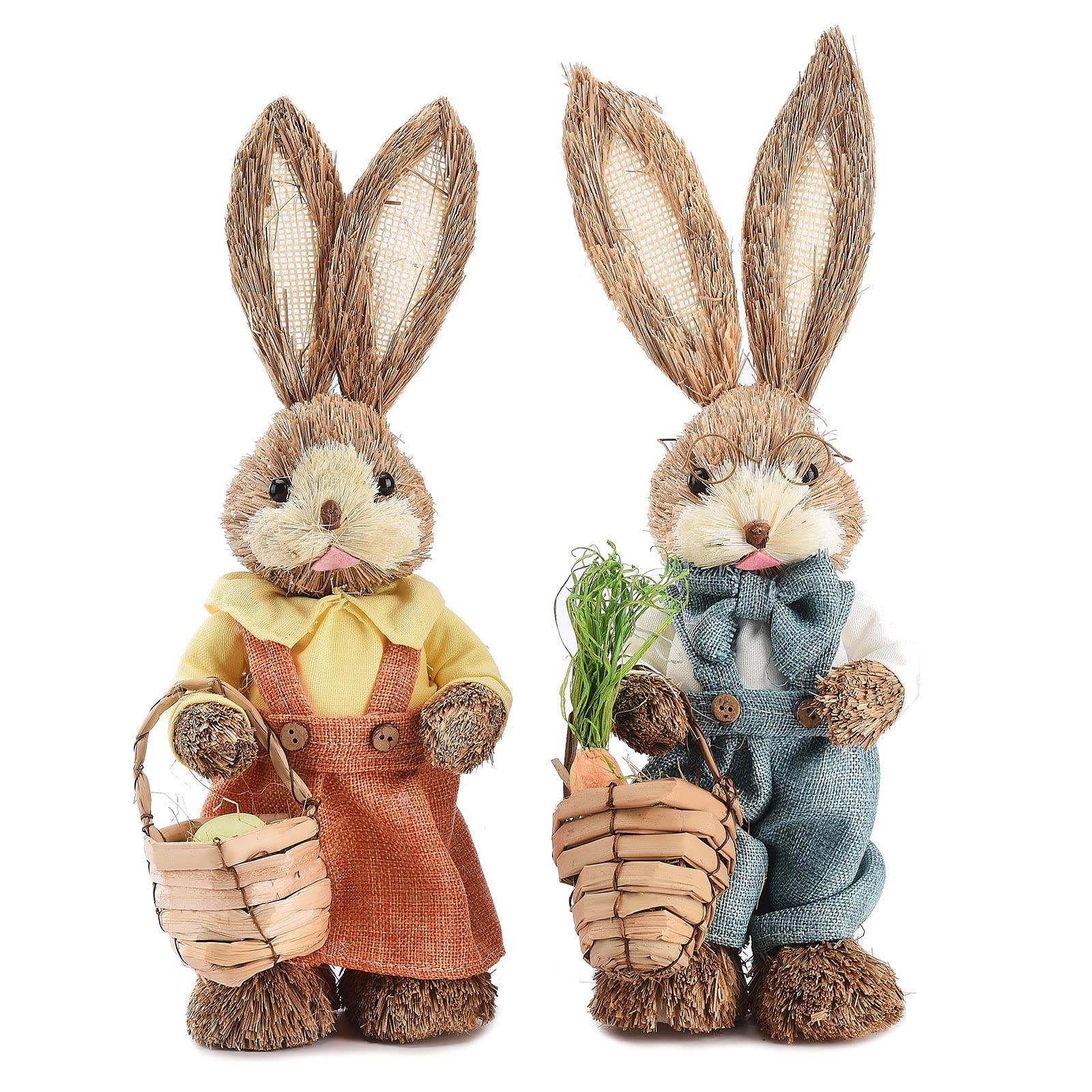belupai 2pcs Easter Standing Bunny Statues,14in Hand Woven Cute Dressed Bunny Figurines Sculptures with Fake Egg and Carrot, Desktop Straw Bunny Ornaments for Home Garden Wedding Decor (A)
