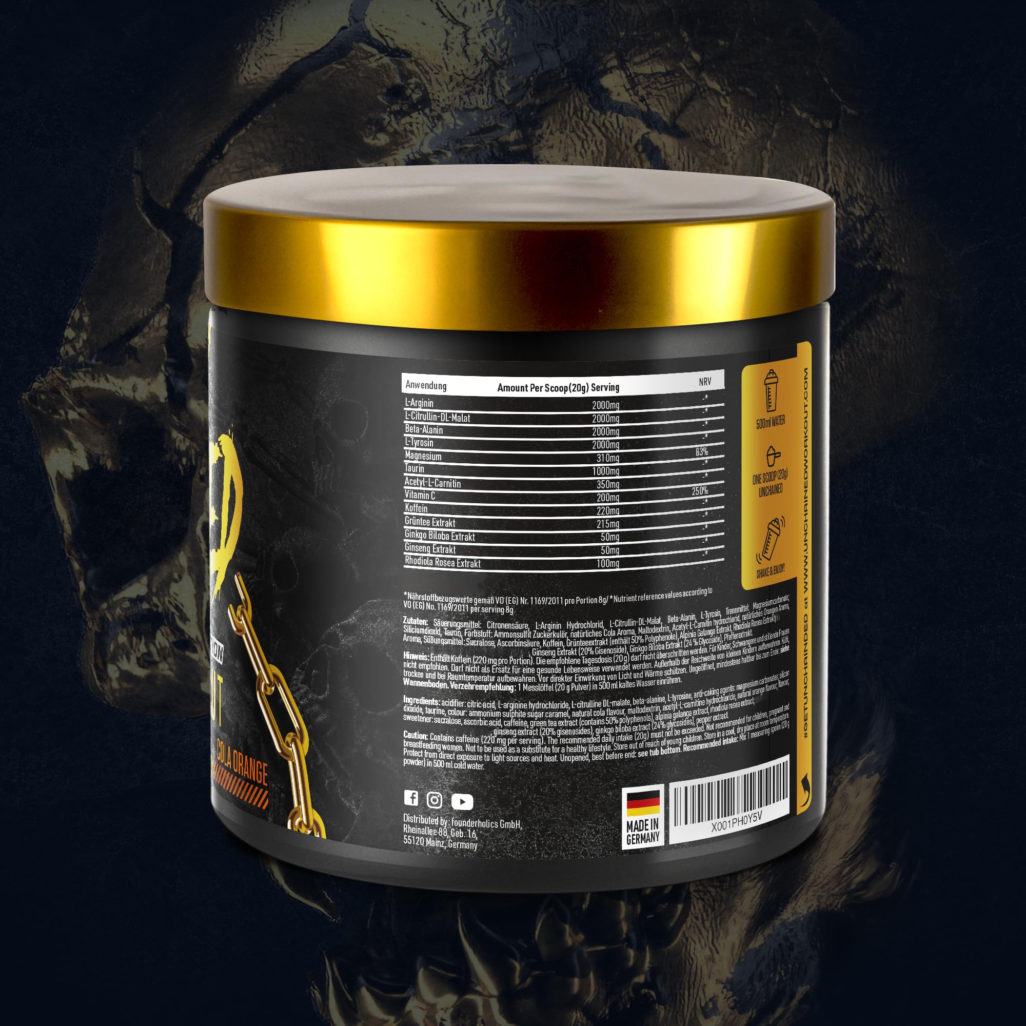 UNCHAINED® - Booster pre-allenamento con ecdysterone | 20 dosi (400 g) con caffeina | L-arginina, L-citrullina-malato, beta-alanina + altri 14 principi attivi | 100% energia | arancia cola