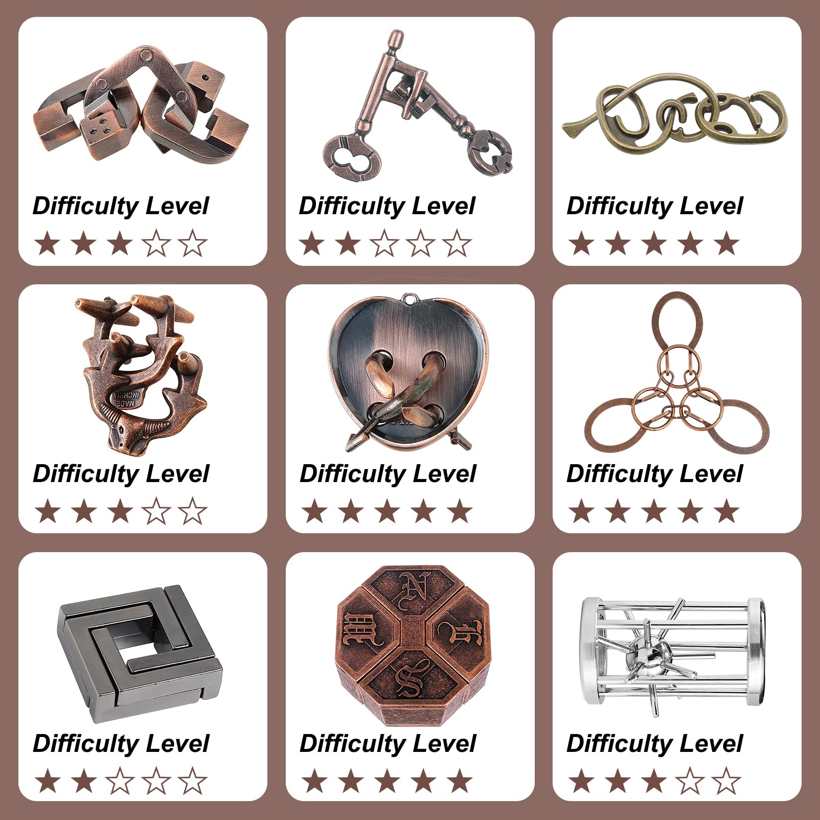 GothicBride 9 pezzi giochi di aglio in metallo, giochi di pazienza, giochi IQ, puzzle in metallo 3D, diversi livelli di difficoltà, nobellei in metallo per feste, adulti, adolescenti, bambini sfida
