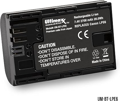 Ultimaxx LP-E6 Extended Life Battery 2700 mAh for EOS R, EOS 90D, EOS 60D, EOS 70D, EOS 80D, EOS 5D II, 5D III, 5D IV, EOS 6D, EOS 6D Mark II, EOS 7D, EOS 7D Mark II, XC10, XC15