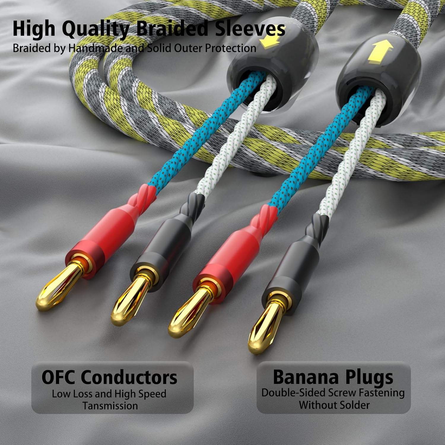 Monosaudio 9AWG Speaker Wire with banana plugs Pair HiFi braided Audiophile Speaker Cable High Purity OFC Gold Plated Brass Banana Plug Connectors for Speakers,Amplifier,Audio,AV Receivers（1.5M/5.0Ft） - Image 3