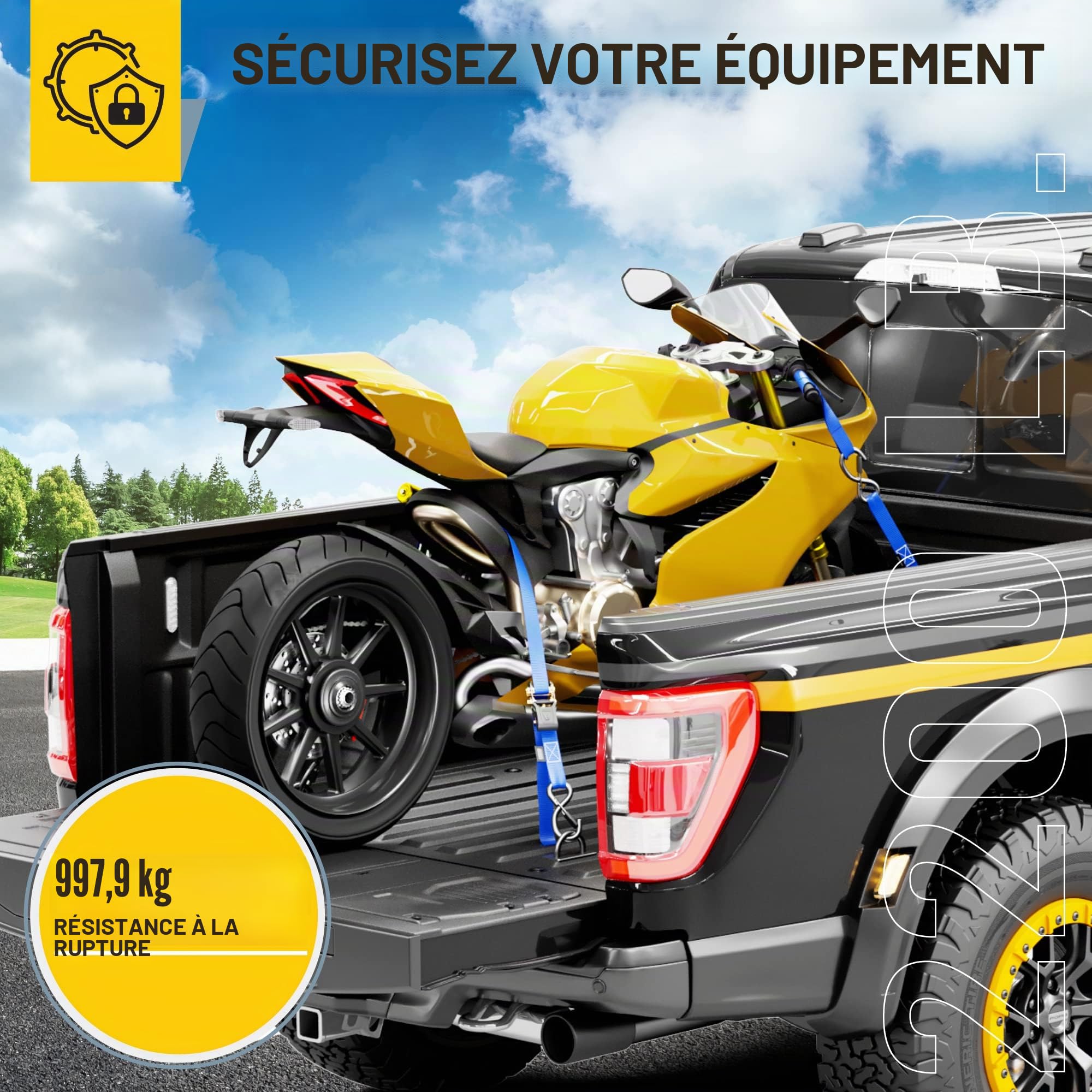 AUGO Sangles d'arrimage à cliquet-Lot de 4-4,5m-Résistance à la Rupture de 1000KG-Crochets de sécurité en S - pour appareils ménagers, équipement de pelouse,Moto-Comprend 2 tendeurs,4 Boucles Souples