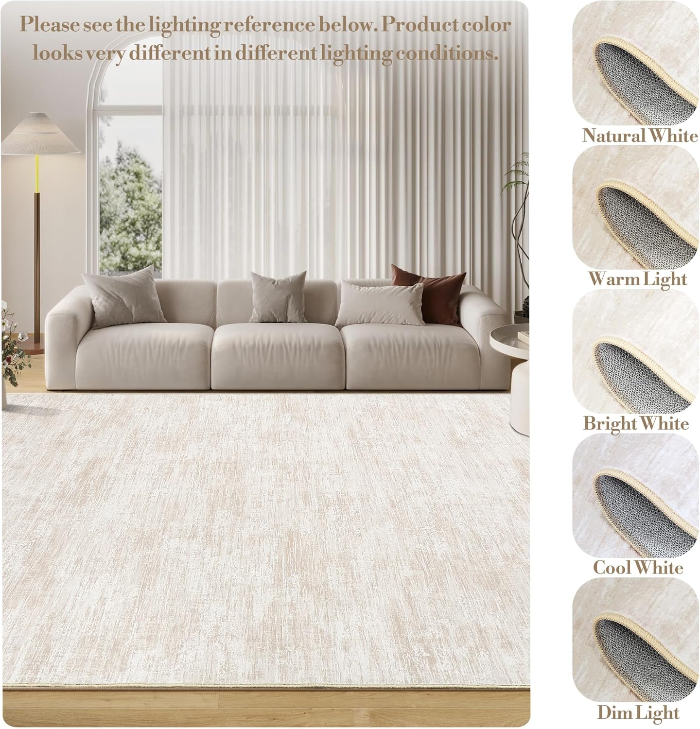 COZYLOOM Area Rug for Bedroom 6x9 Washable Area Rugs Solid Color Throw Rug with Non Slip Backing, Non Shedding Low Pile Carpet Stain Resistant Mat for Living Room, Nursery, Dining Room, Beige