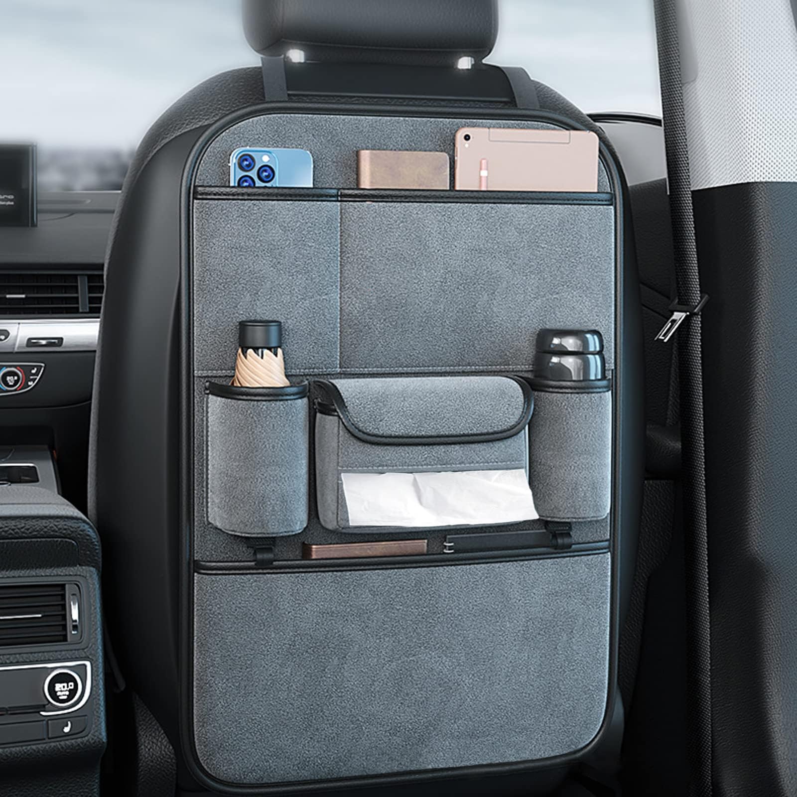 TERRIFI Suede Car Seat Back Organizer Large Capacity Car Seat Back Storage Bag with Hook Kick Mats Back Seat Protector Car Travel Accessories, Keep Your Vehicle Neat and Tid (Grey) (JX032-9)