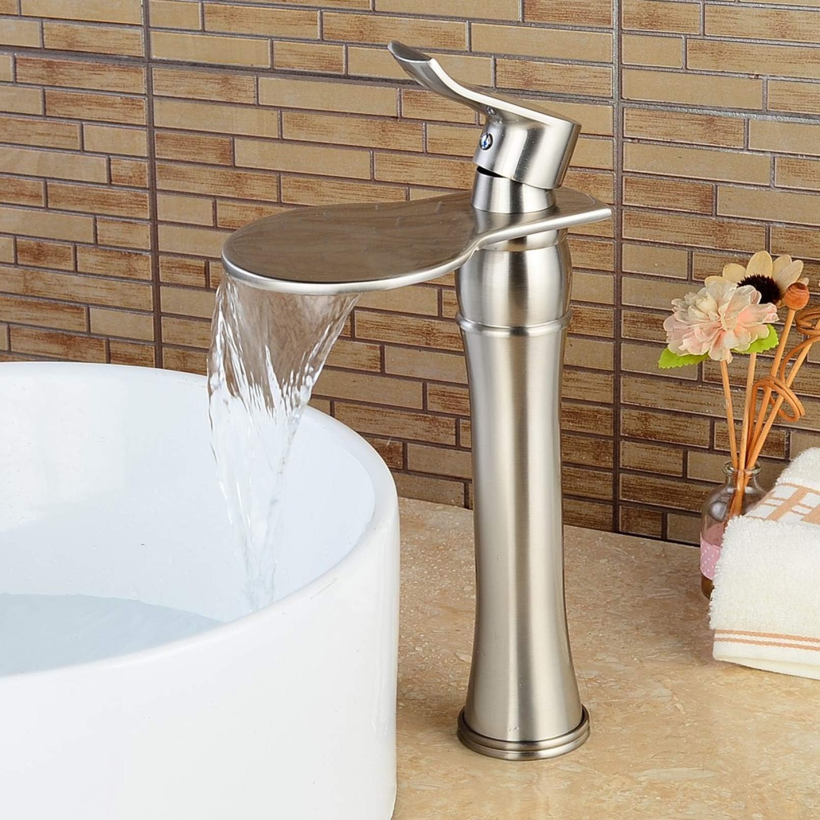 Deck Mounted Waterfall Bathroom Sink Vessel Faucet Nickel Brushed Bath Spout