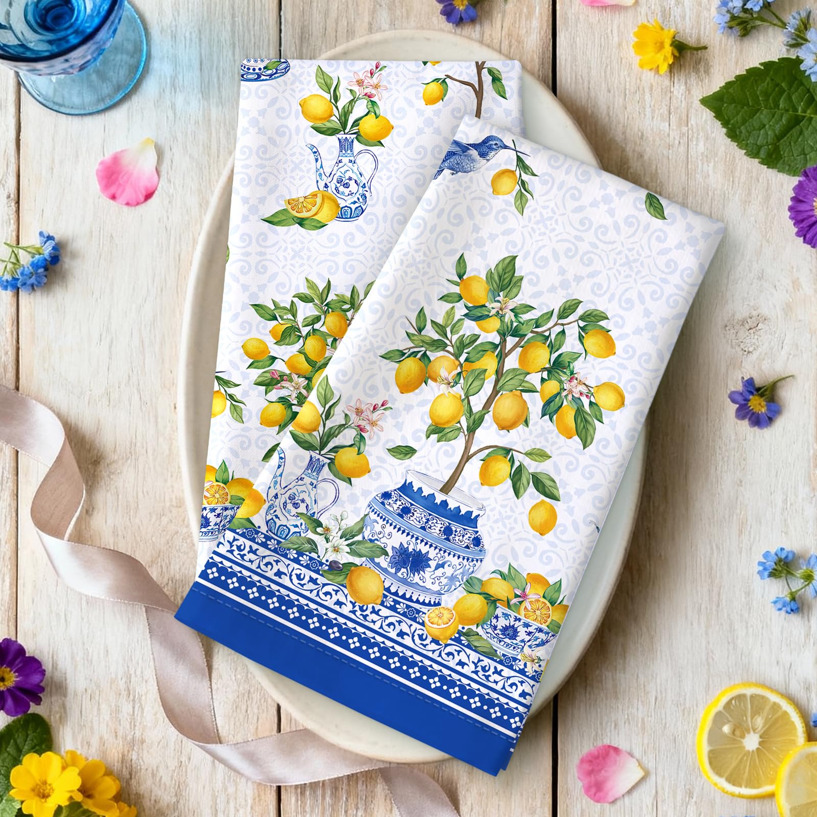Set 2 Strofinacci Cucina, Limone Estate Chinoiserie 100% Cotone Canovacci Senza Pelucchi Asciugamani Durevole Riutilizzabili Panni Cucina Decorazione Botanica Regali di Vacanza 48 cm x 70 cm