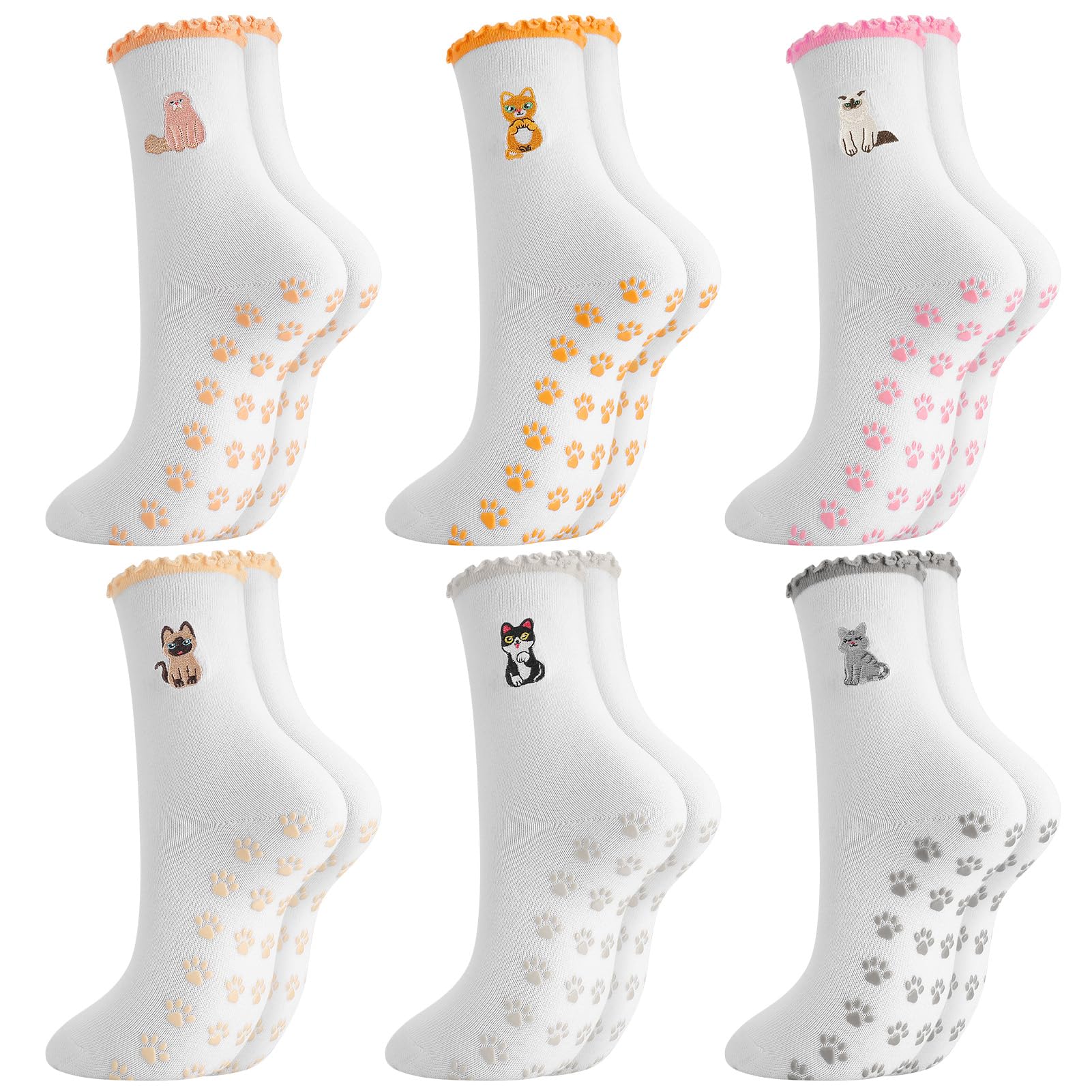 Jspupifip 6 Pairs Cute Pilates Socks with Grips for Women Non Slip Ruffle Yoga Socks Embroidery Cats Athletic Crew Grippy Sock for Barre Ballet Barefoot Workout Hospital