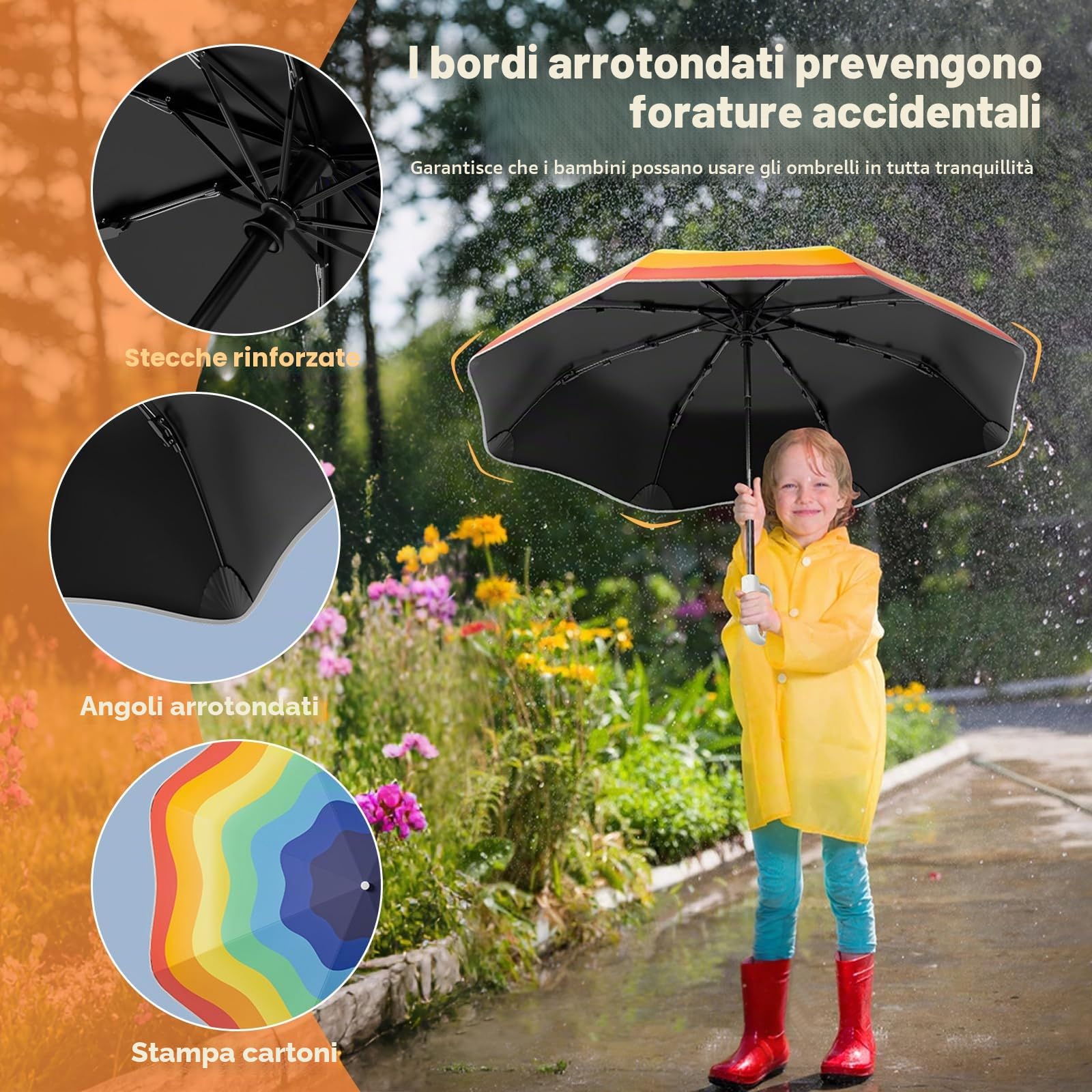 auvstar Ombrello riflettente, per bambini, antivento, automatico, pieghevole, con manico a gancio, apertura e chiusura automatica, UPF 50, arcobaleno