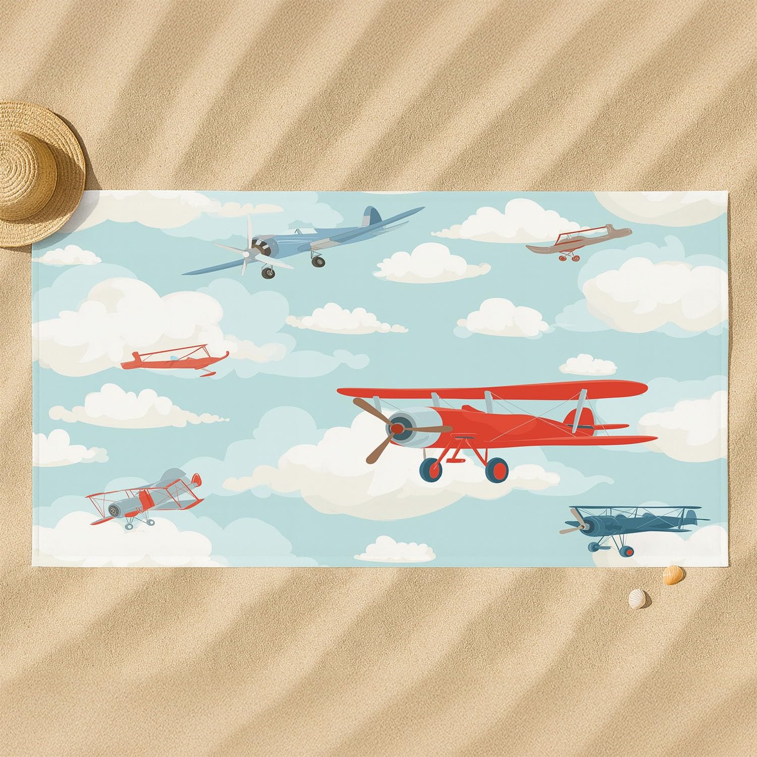 Flugzeug Weiße Wolken Himmel Muster Strandtuch 230 x 210 cm – Saugfähiges Schnell trocknendes Strandtuch Süß Nahtlos Erfrischend Himmelblau Fliegen für Campen, Picknick, Ausflüge