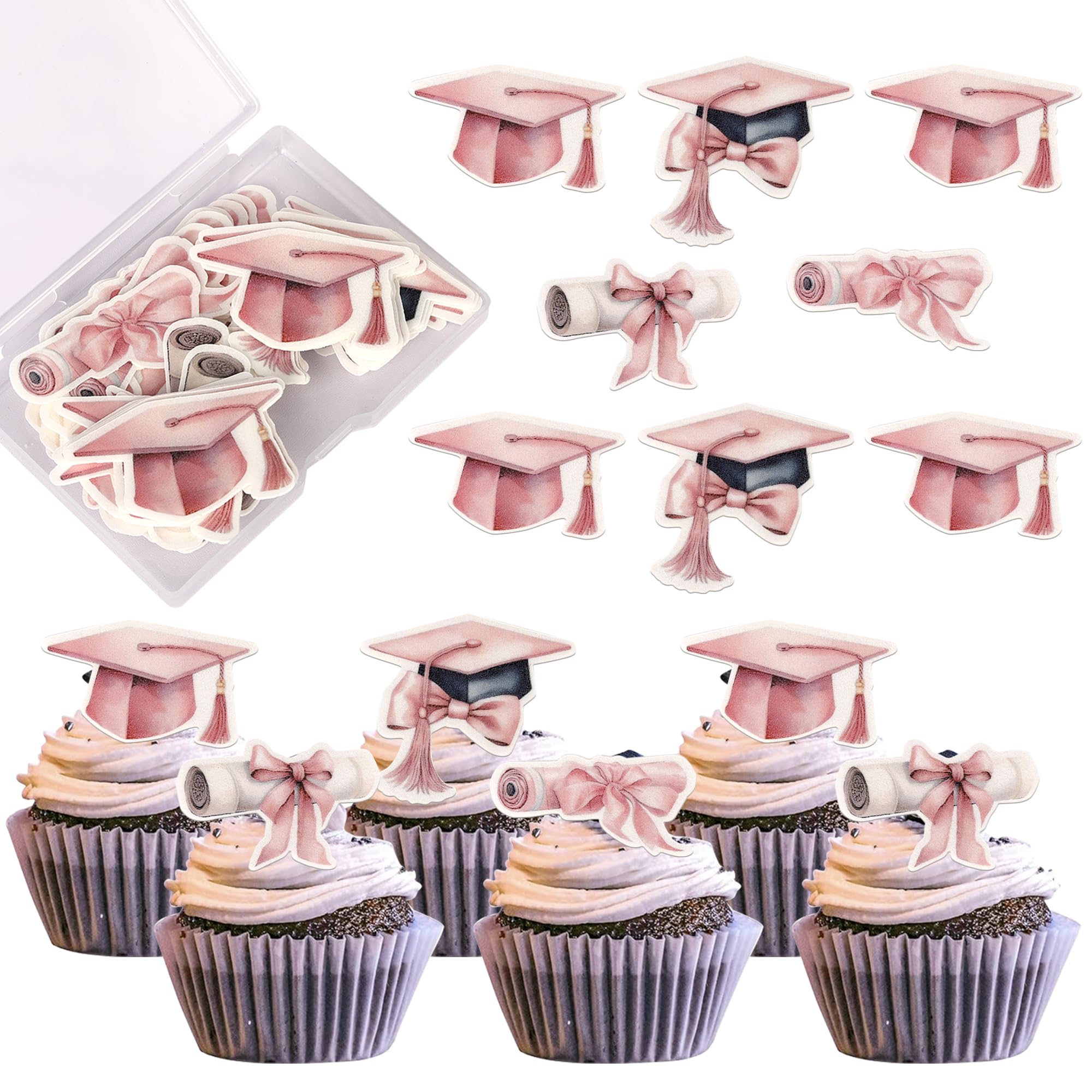 Xsstarmi 60 Pack 2026 Graduation Edible Cupcake Toppers Rice Paper Pink Grad Cap Cupcake Picks Diploma Done Congrats Grad Cake Decorations for Class of 2026 Graduation Party Cake Supplies