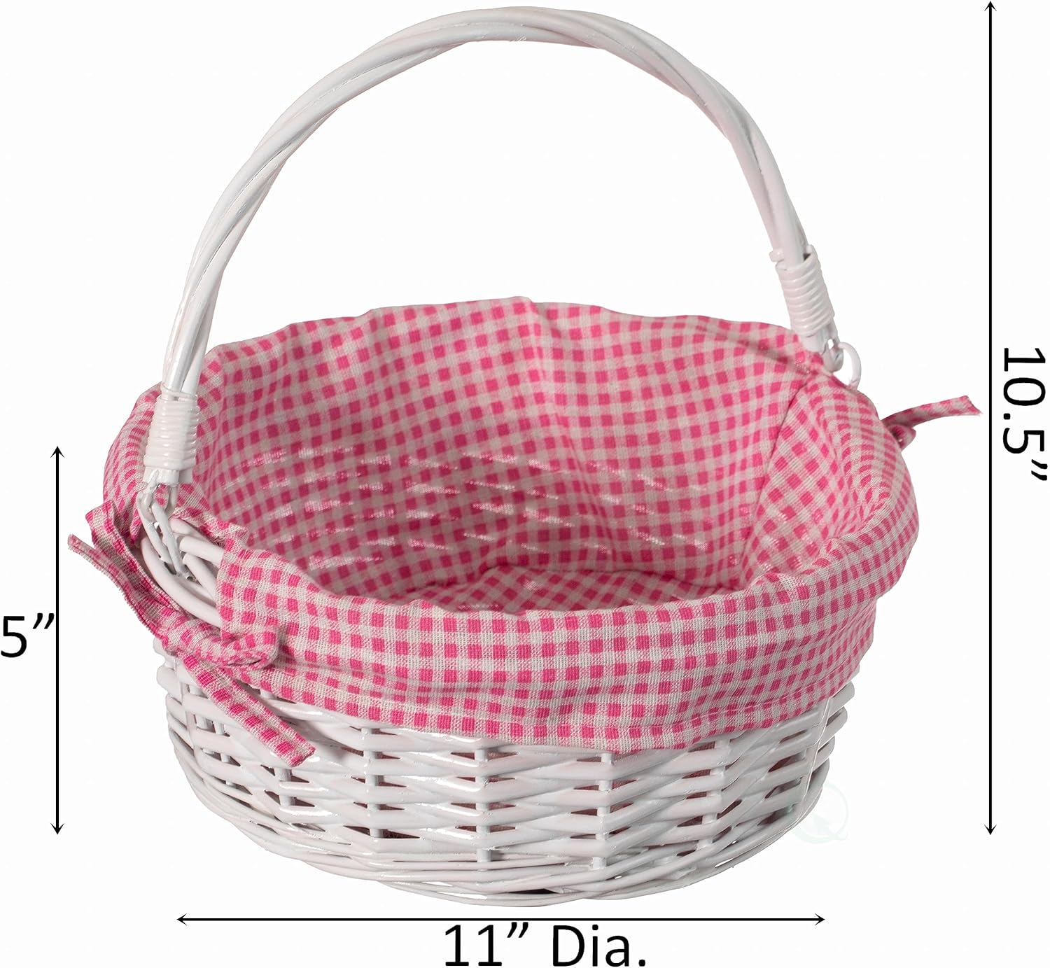 Traditional White Round Willow Gift Basket with Pink and White Gingham Liner and Sturdy Foldable Handles, Food Snacks Storage Basket, Pink Small