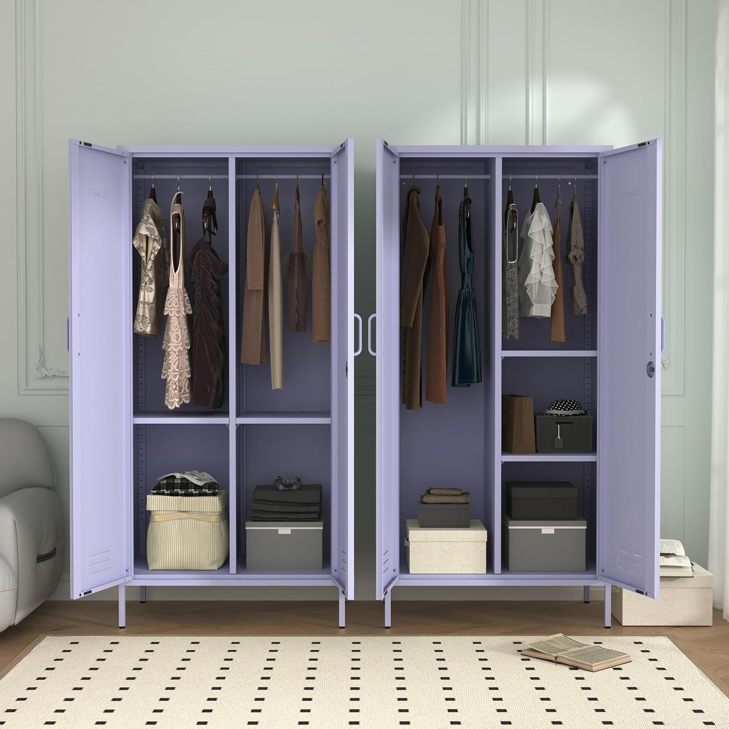 Industrial 67" Purple Lockable Metal 2-Door Storage Cabinet, Multi-Purpose Wardrobe with Hanging Rod & Adjustable Shelves, Heavy Duty for Bedroom, Garage, Home Office 67"H X 31.5"W X 18.1"D