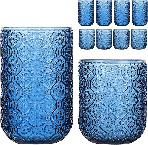 Miniatura 10 de Juego de 8 piezas de cristalería vintage con relieve de WeirdUncle, 4 vasos highball de 14 oz y 4 vasos de roca de 9 oz, Art Deco, para vino, agua,