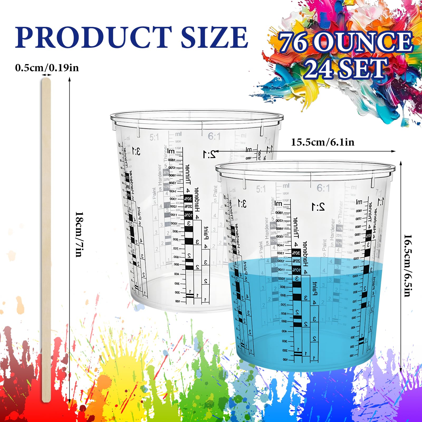 Lot de 24 gobelets mélangeurs de peinture - 2250 ml - Transparent - Avec agitateurs - Grand verre doseur jetable avec échelle pour peinture de voiture, résine, résine époxy et liquides
