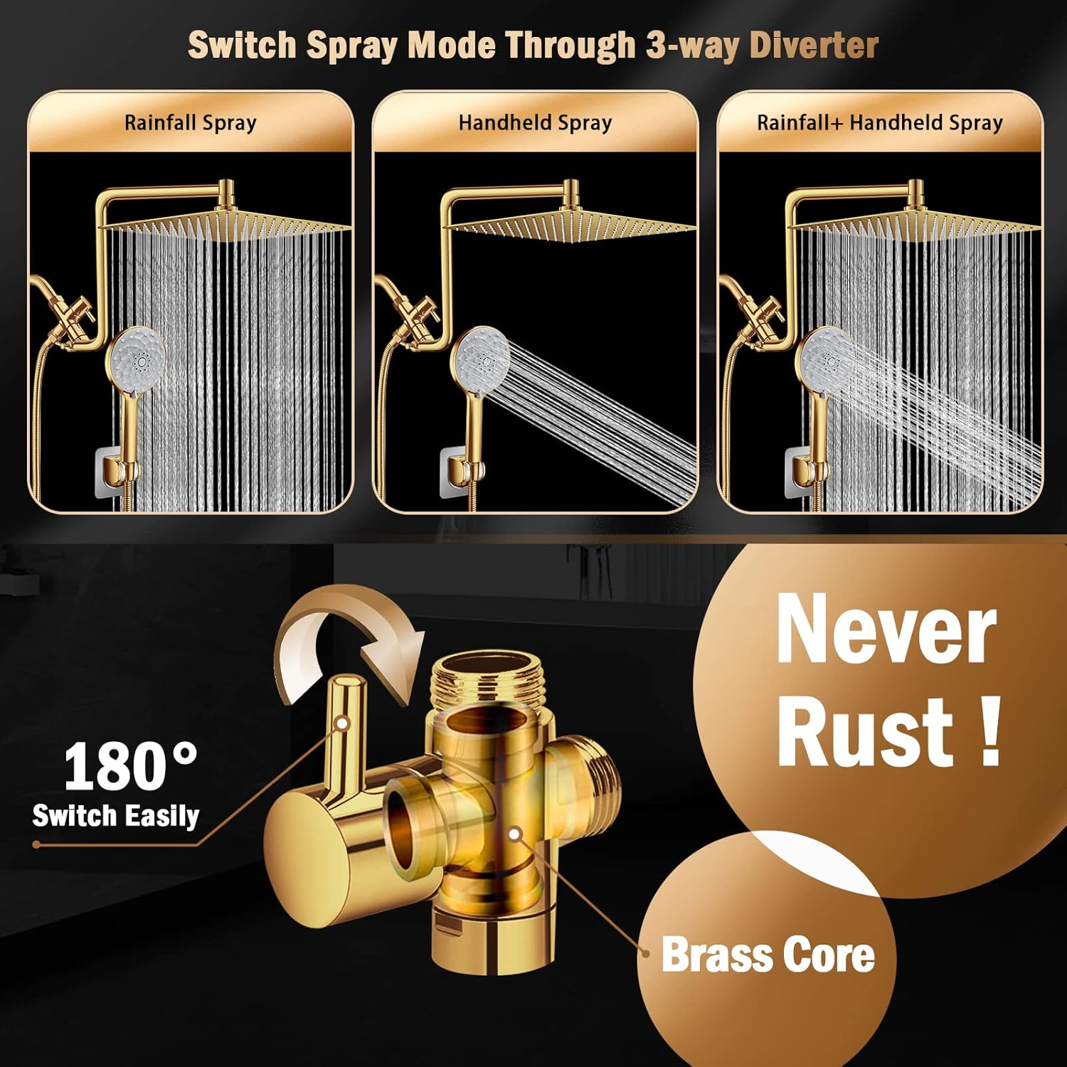PinWin 12'' Dual Shower Head with Adjustable Extension Arm and 6-Setting Handheld Shower Head Combo, Brushed Gold