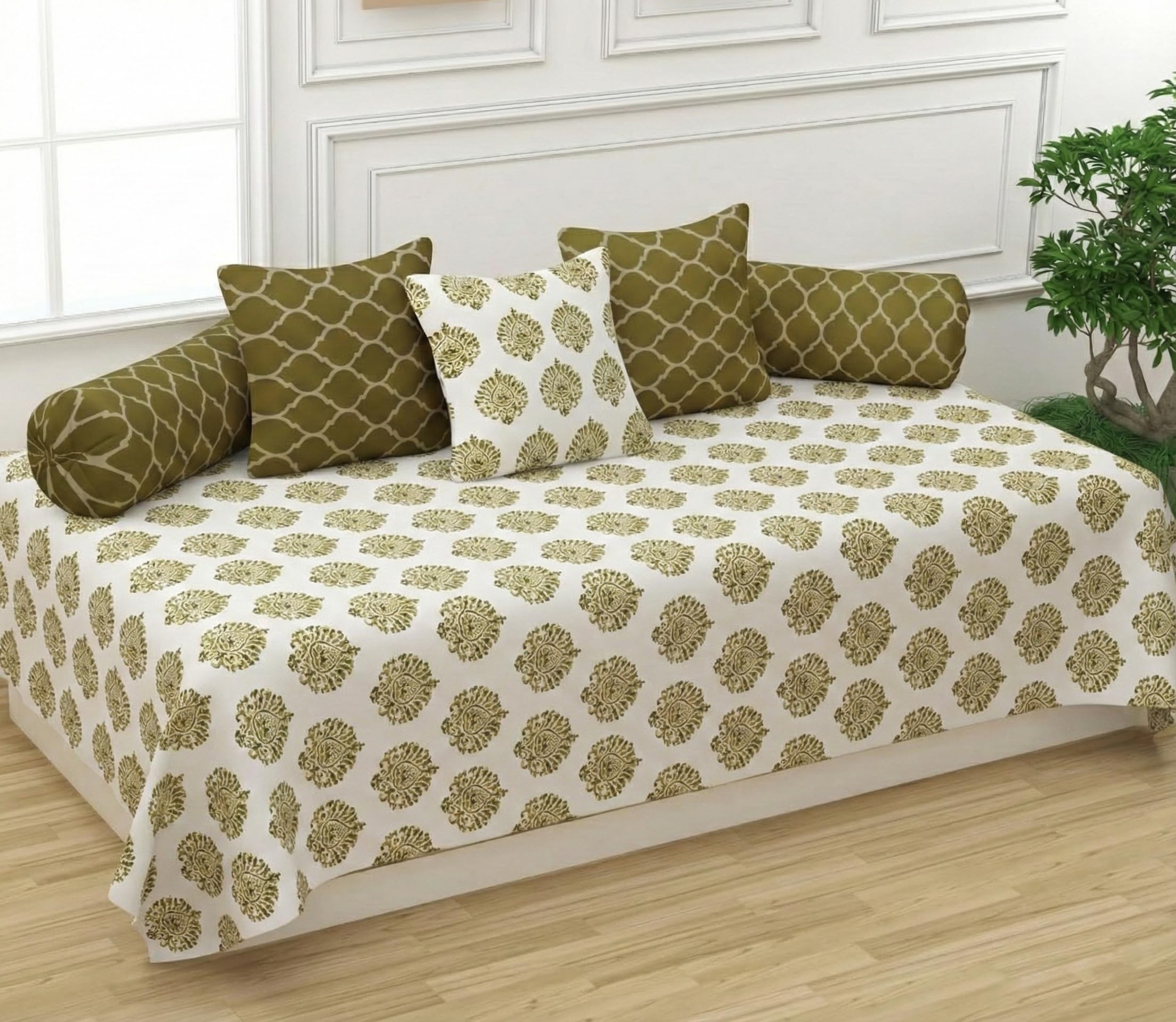 Trance Home Ajrak Blue Diwan Set - 6 Pcs Cotton -14