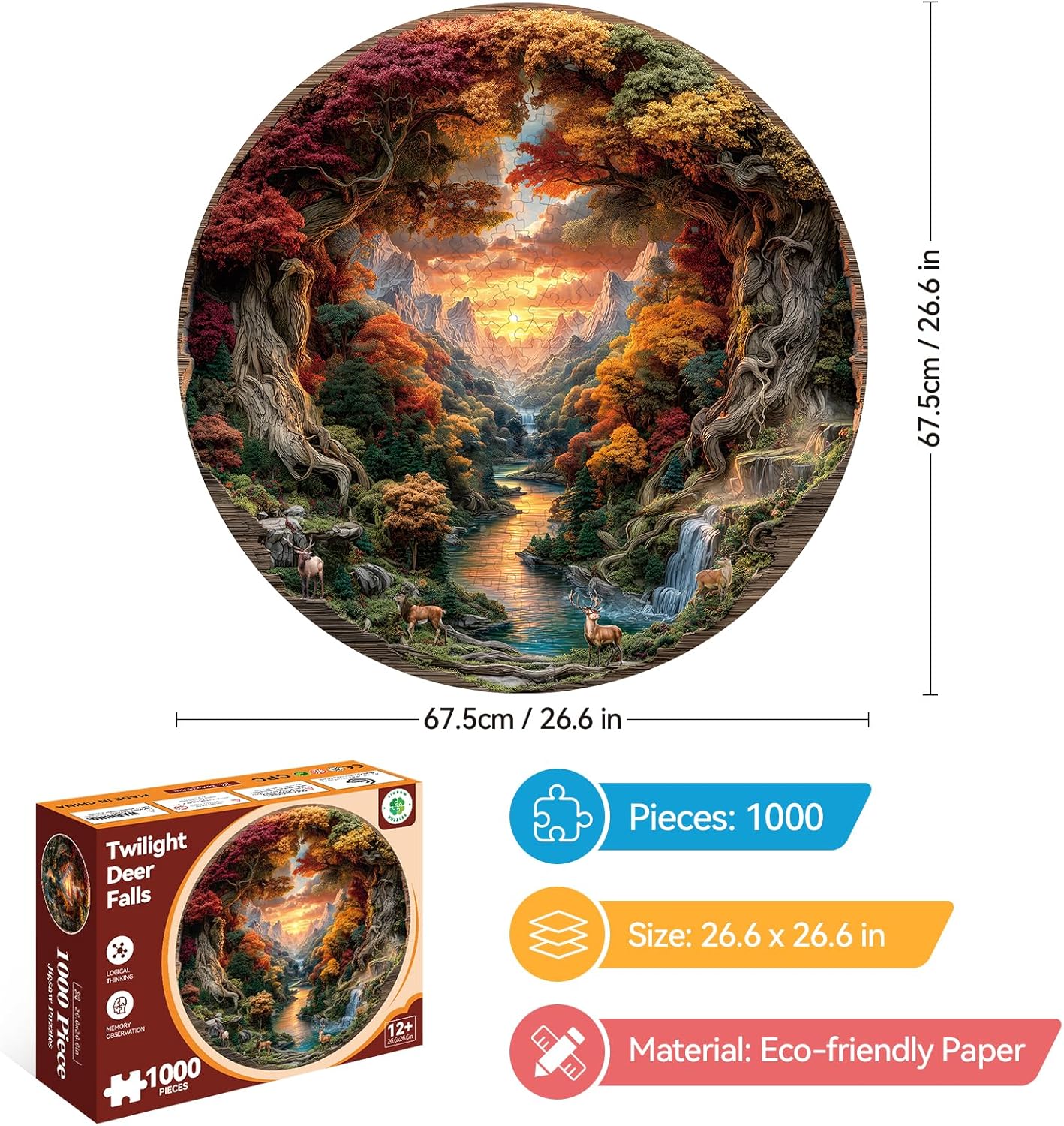 3D Visual Art Puzzles for Adults 1000 Pieces, Cave Sunset Deer Waterfall Nature Unique Hard 1000 Pieces Jigsaw Puzzles for Adults, 1000 Pieces Round Puzzle for Adults