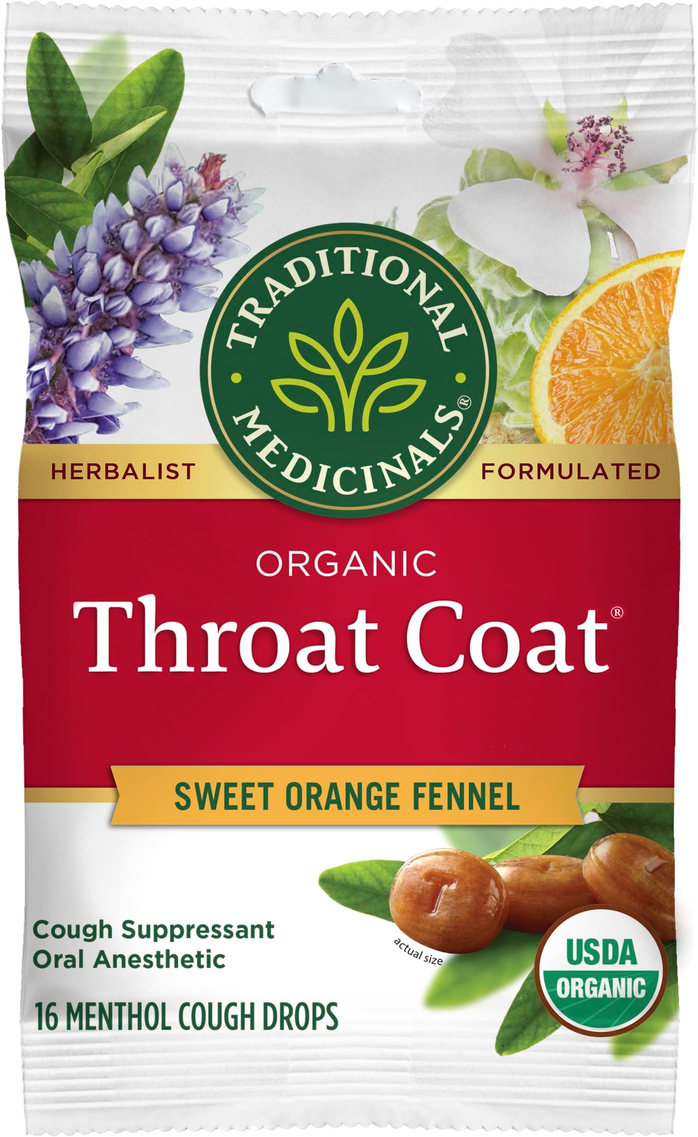 Organic, Throat Coat Lozenges, Sweet Orange Fennel with Menthol - Herbal Cough Drops, Helps Soothe Sore Throat & Relieve Cough - Non-GMO, Stimulant-Free - 16 Count