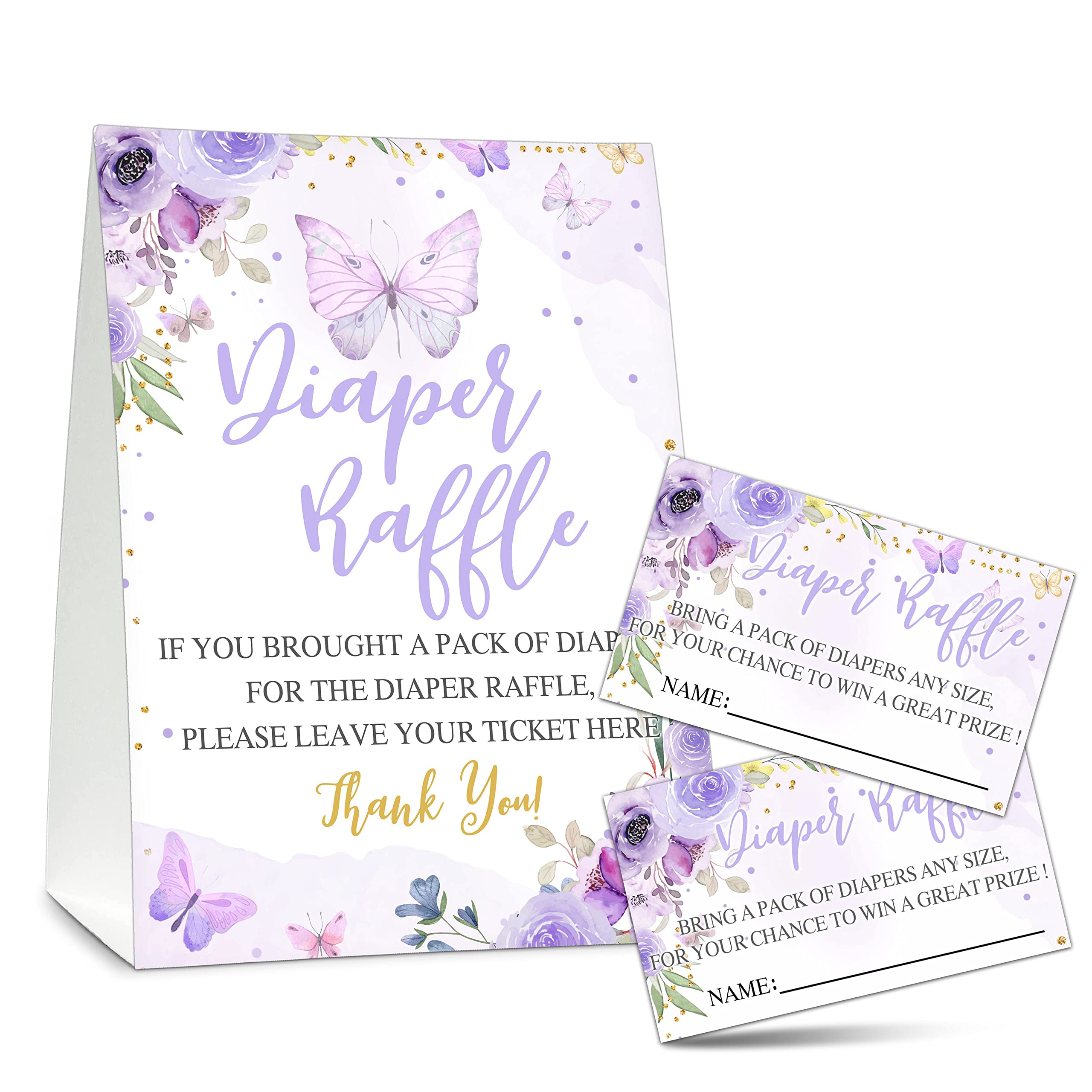 Baby Shower Game Set, 50 Diaper Raffle Tickets with 1 Standing Sign, Purple Butterfly Gender Reveal Party Decorations Supplies - B22
