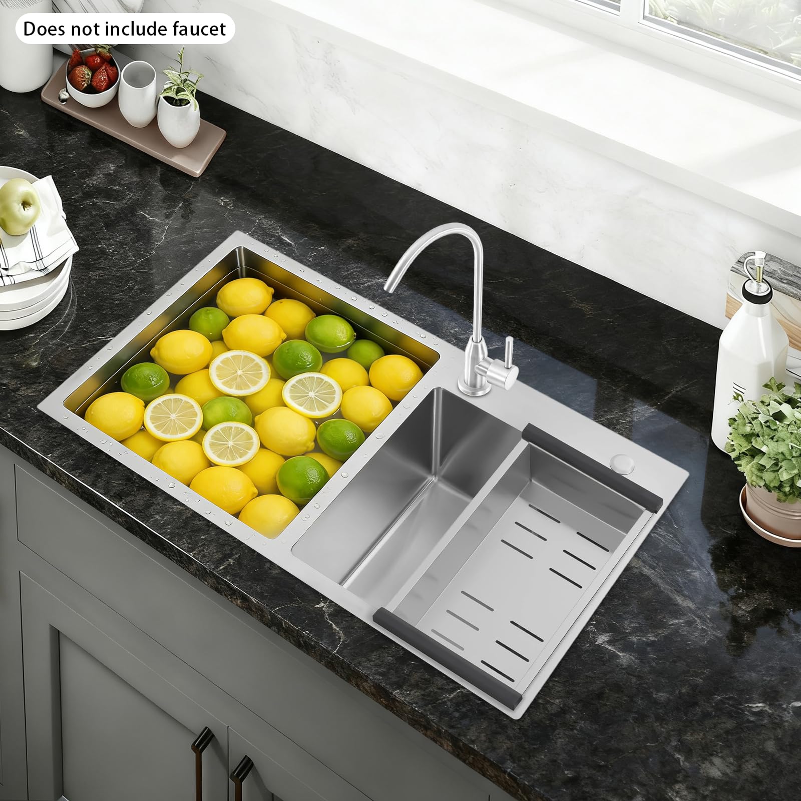 Fregadero doble con escurridor, empotrable, para cocina y servicio | 78 × 43 × 21 cm, 2 cuencas, acero inoxidable, aislamiento de ruido, desagüe X, 3 tipos de montaje